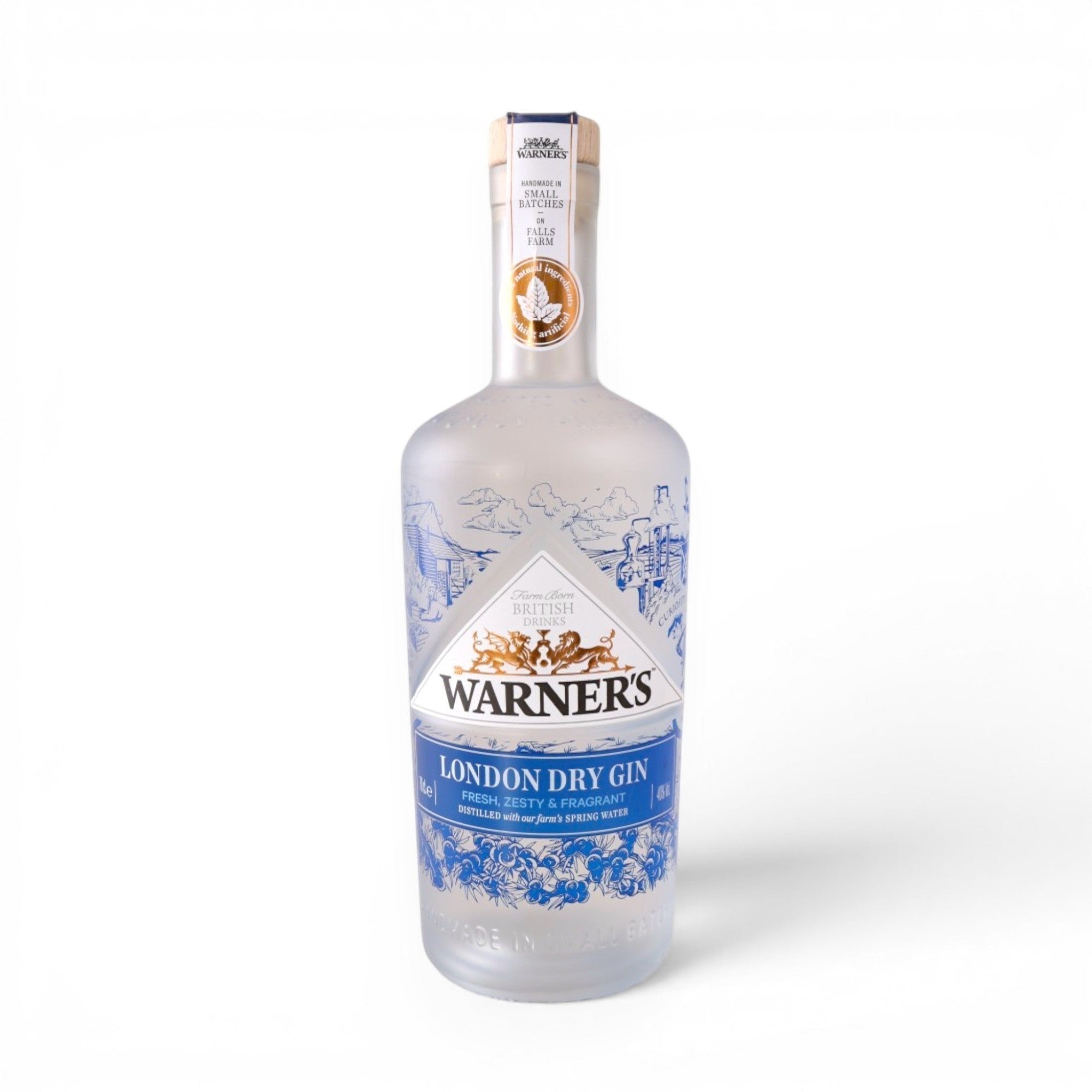 Warner's London Dry Gin bottle with blue and white label featuring farm scenes and botanical illustrations. Small batch distilled.