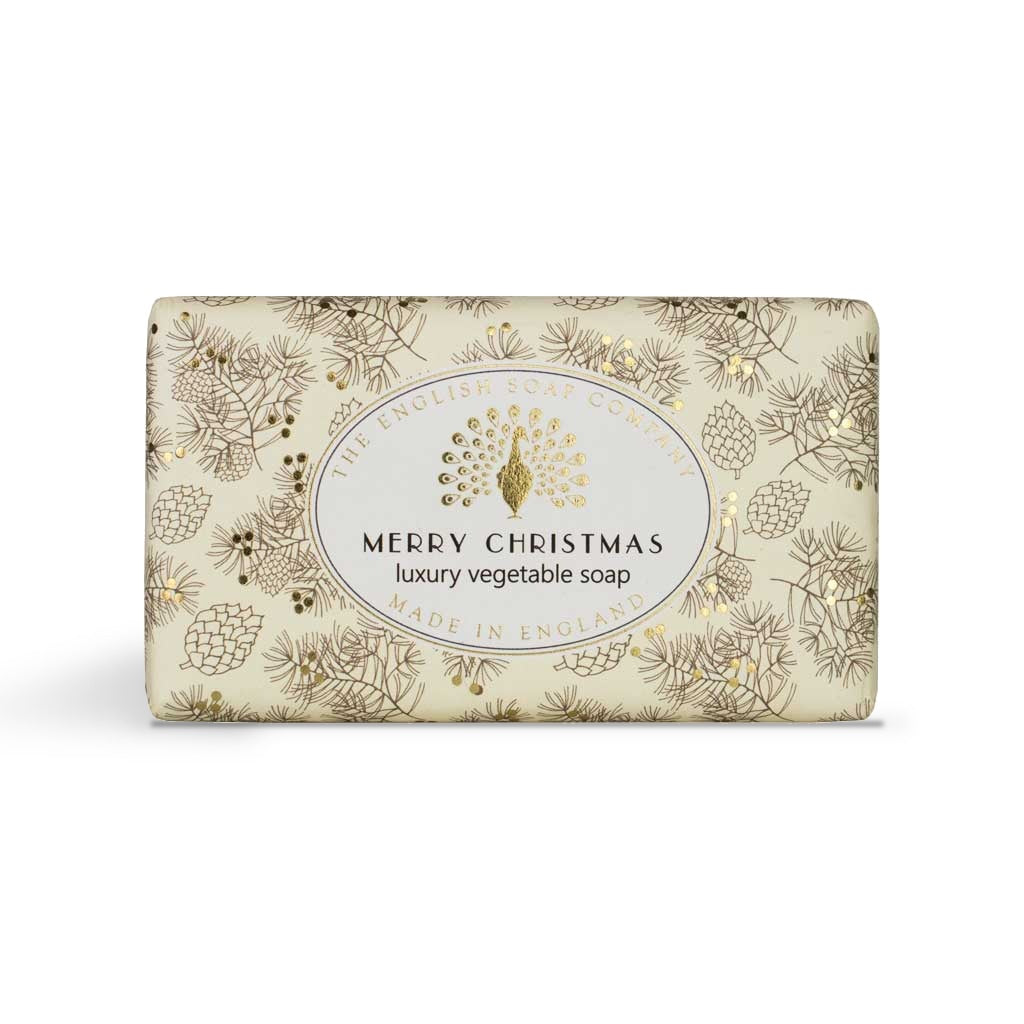 Merry Christmas soap bar in its gold pine cone wrapper