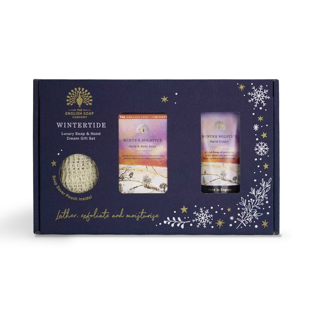 Wintertide gift box with a soap bar, soap saver pouch and hand cream