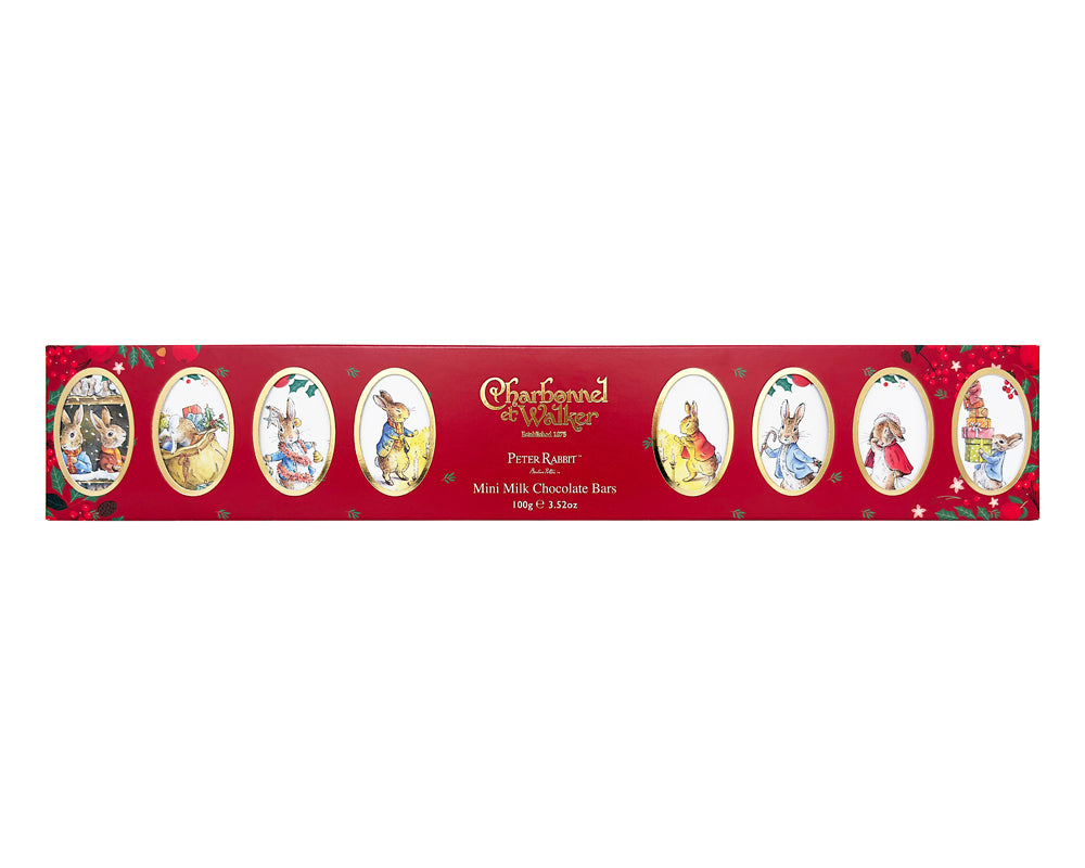 Made In England Charbonnel et Walker Peter Rabbit Festive Portraits box of ten mini milk chocolate bars, 100g.