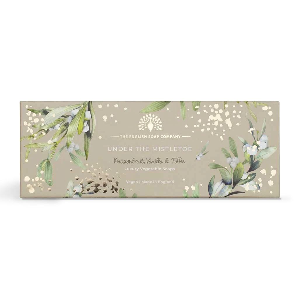 Gift box of three Under the Mistletoe soap bars, box front