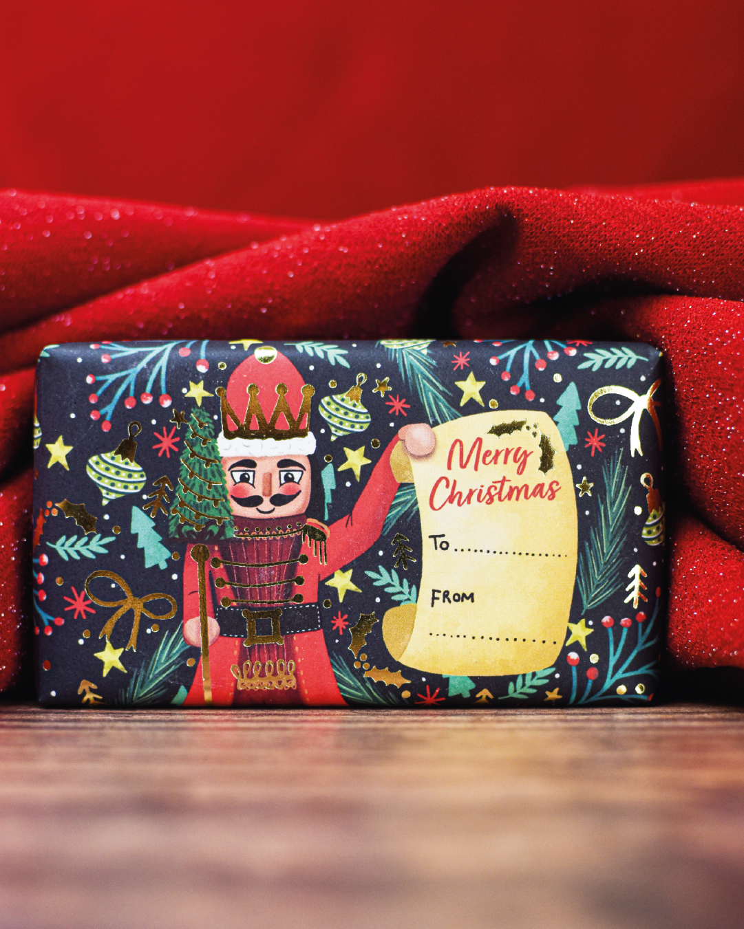 Christmas Nutcracker soap bar against red fabric