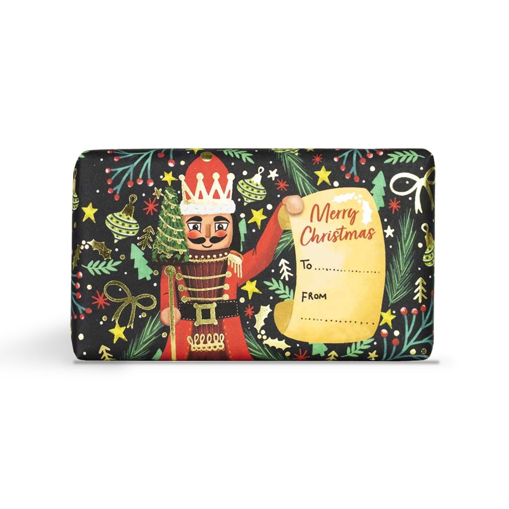 Christmas Nutcracker soap bar in its wrapper with a to and from label