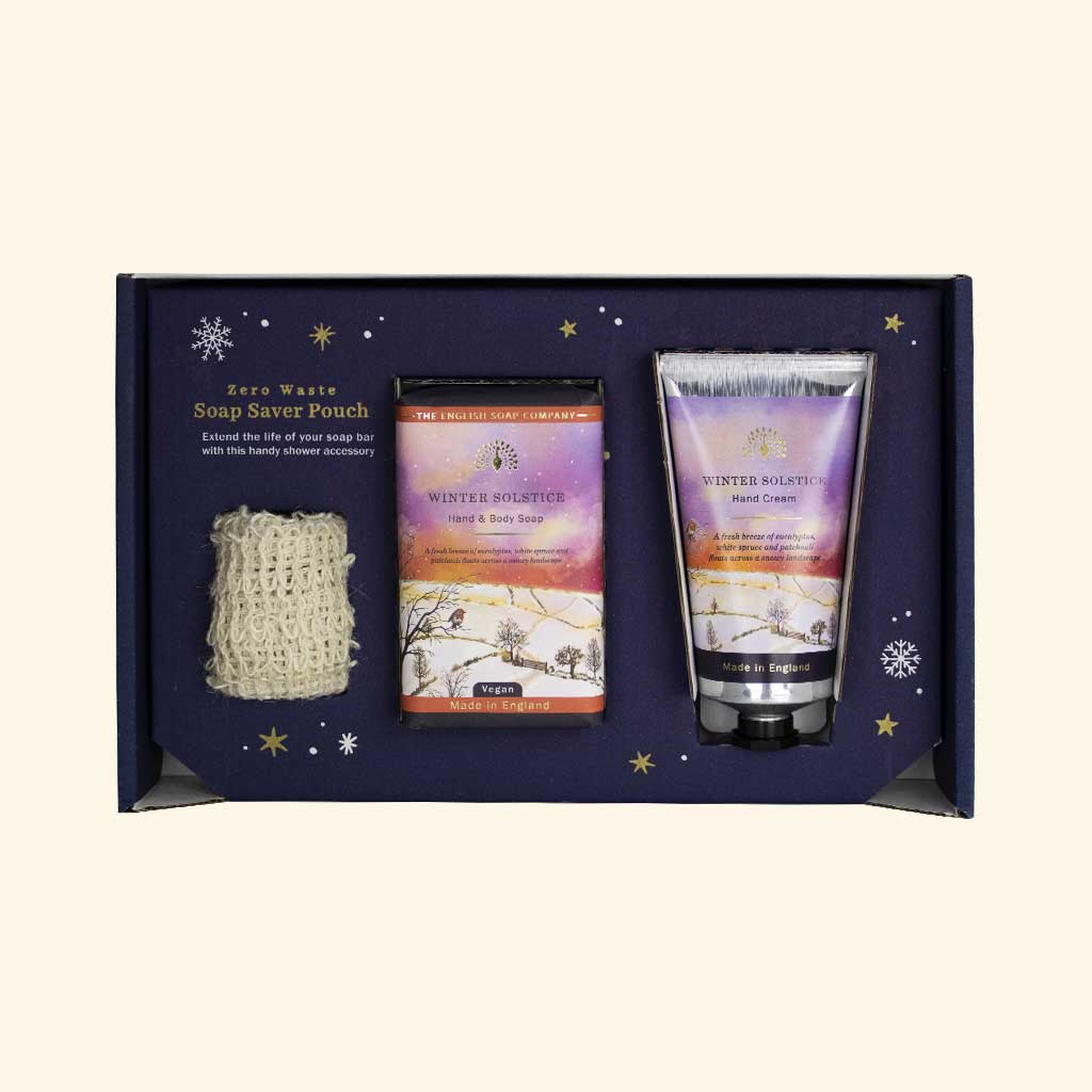 Wintertide gift set open, showing soap, hand cream and soap saver pouch