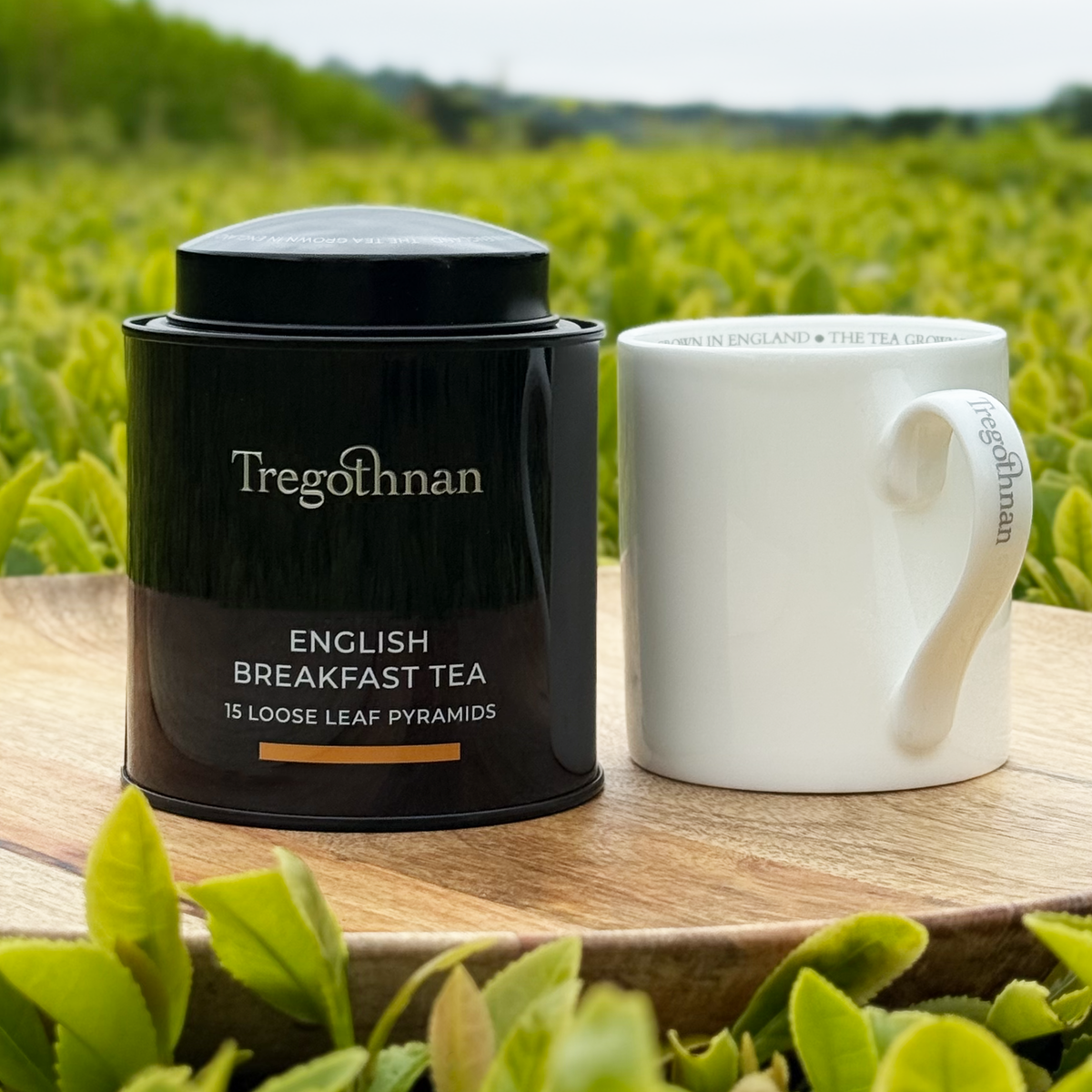 Mug of Tregothnan English Breakfast tea beside the tin