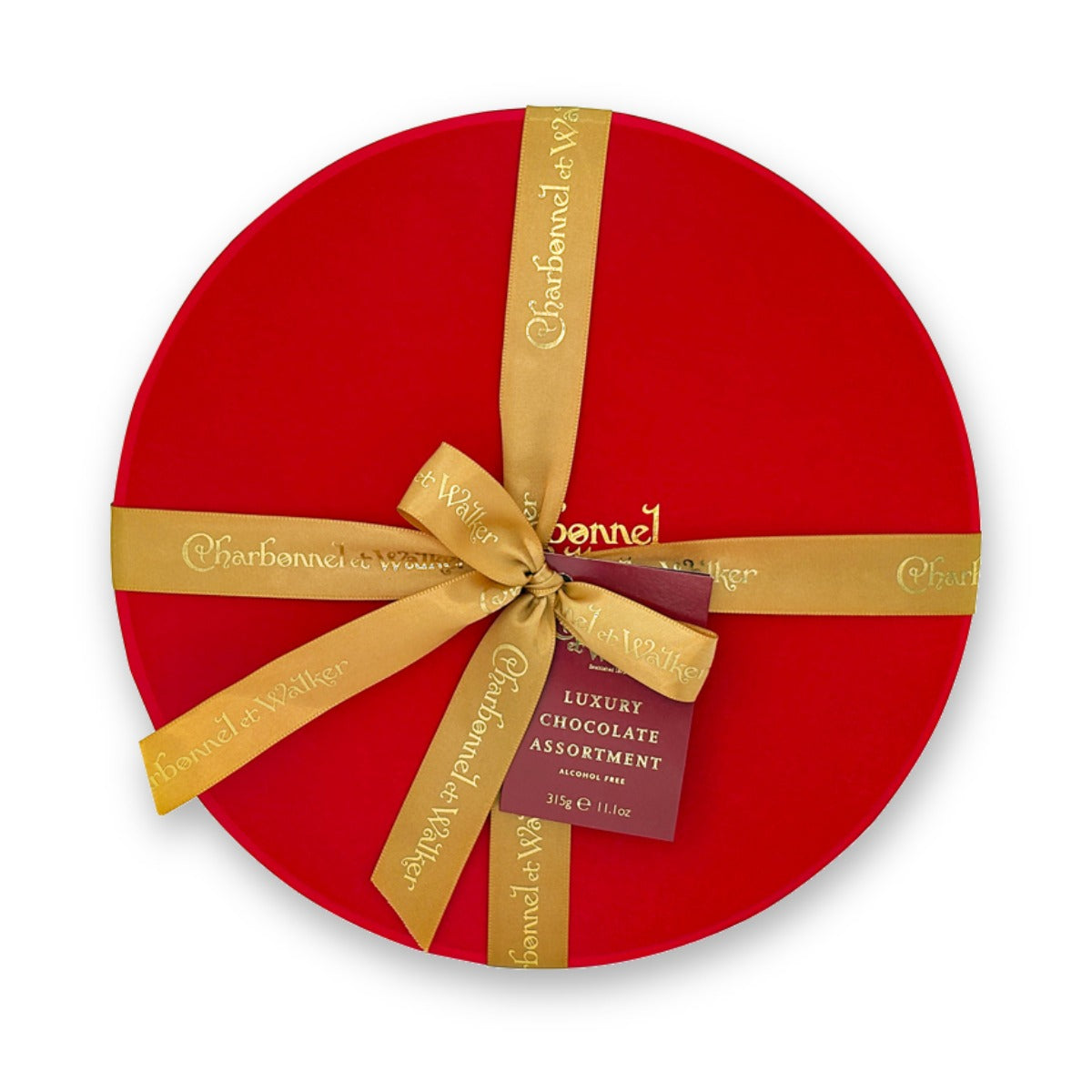 Charbonnel et Walker Boite Rouge 310g, round red box tied with a gold ribbon