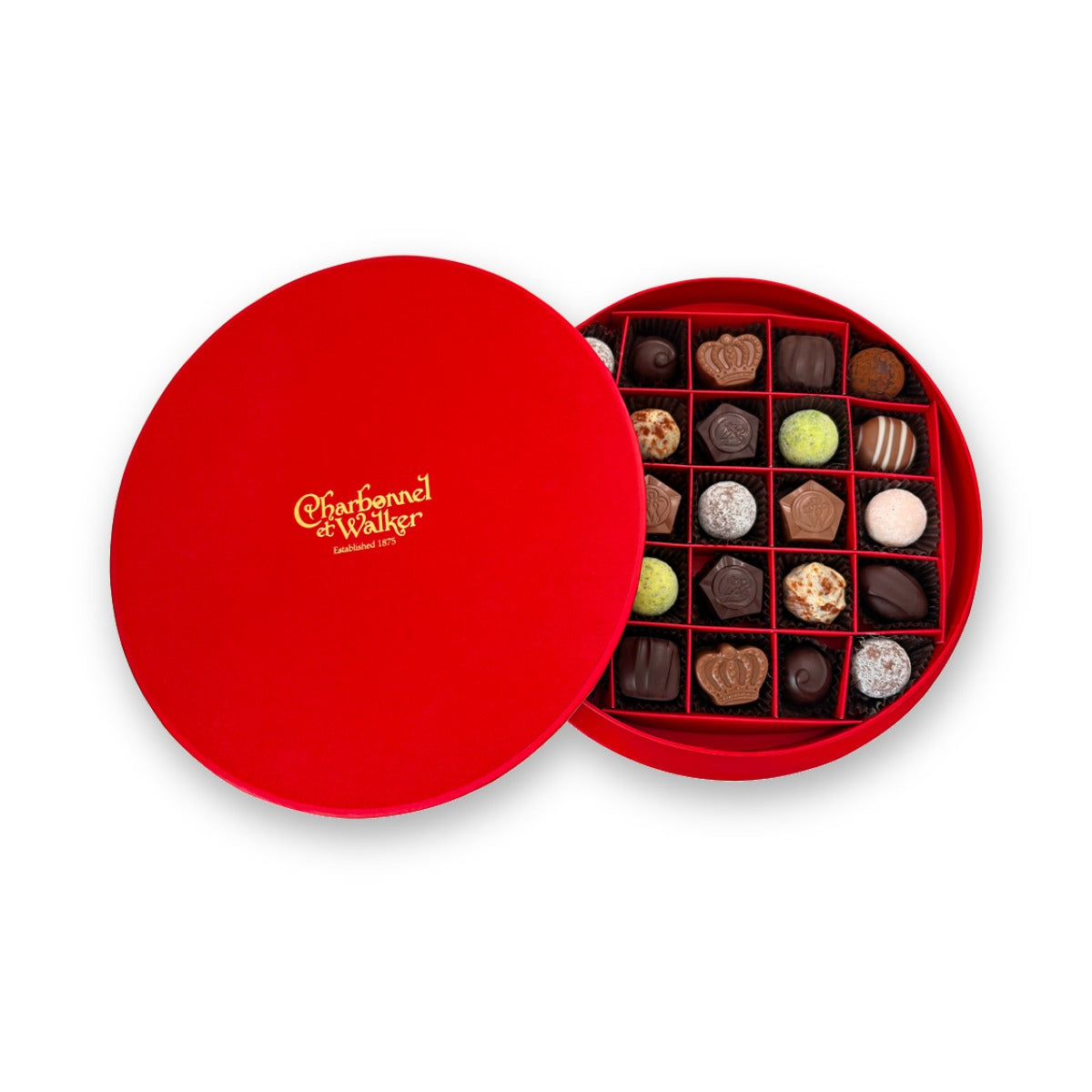 Charbonnel et Walker Boite Rouge 310g with the lid set beside the open box of chocolates