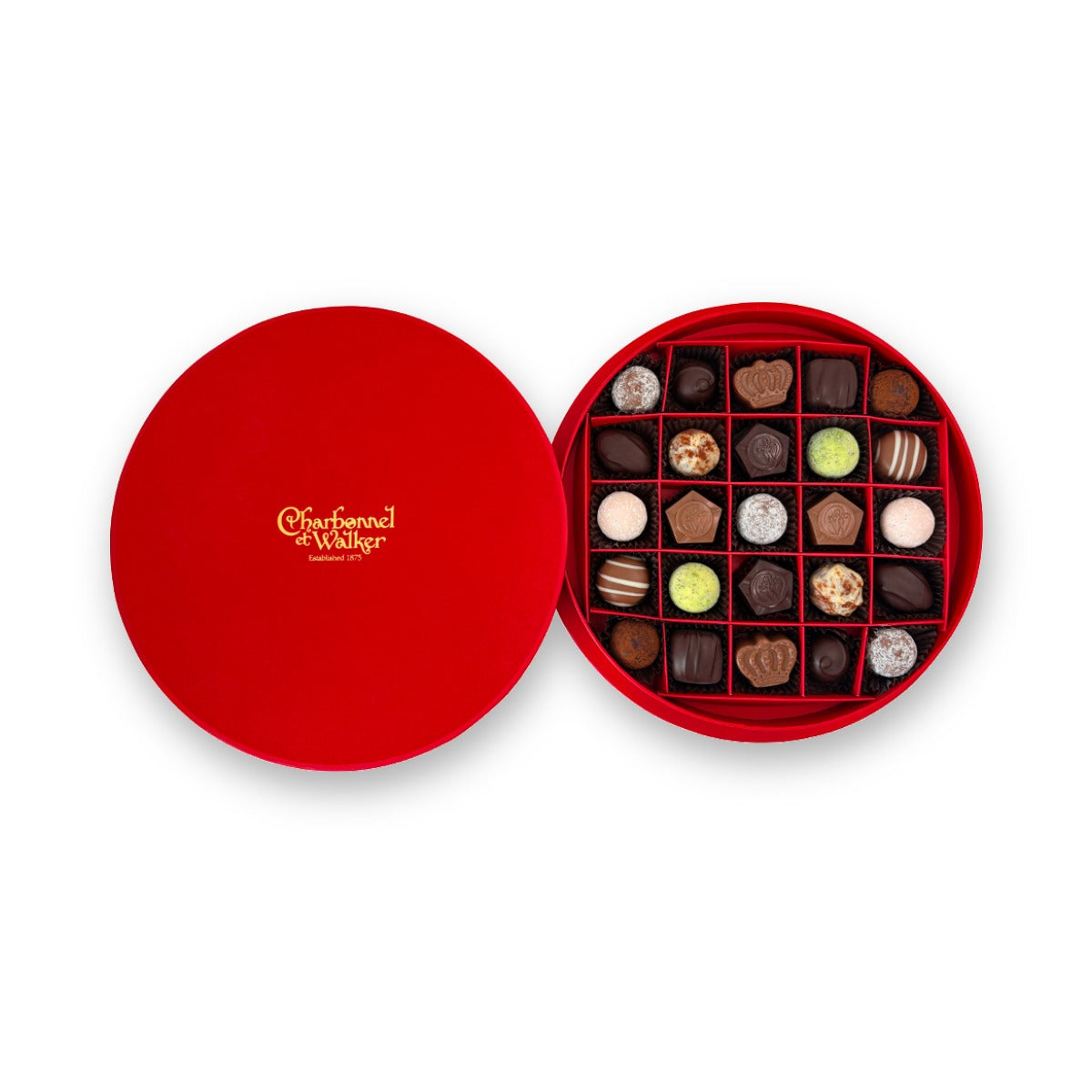 Charbonnel et Walker Boite Rouge 310g open, showing milk and dark chocolates and truffles in compartments