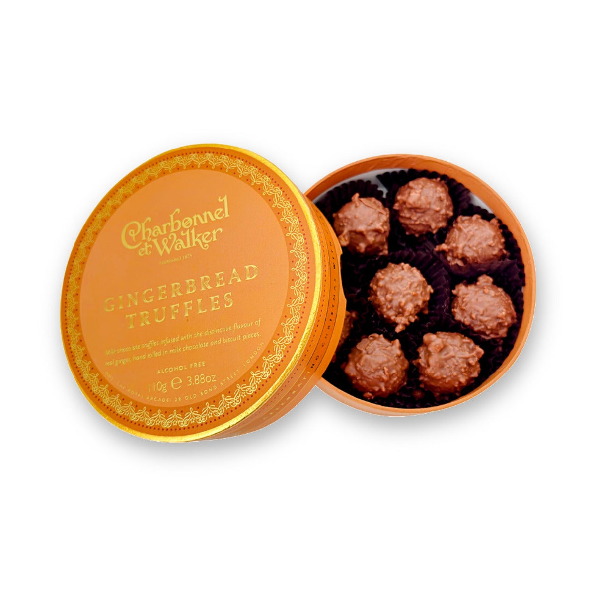 Charbonnel et Walker Gingerbread Truffles 110g, round orange and gold box open to show milk chocolate truffles with biscuit pieces