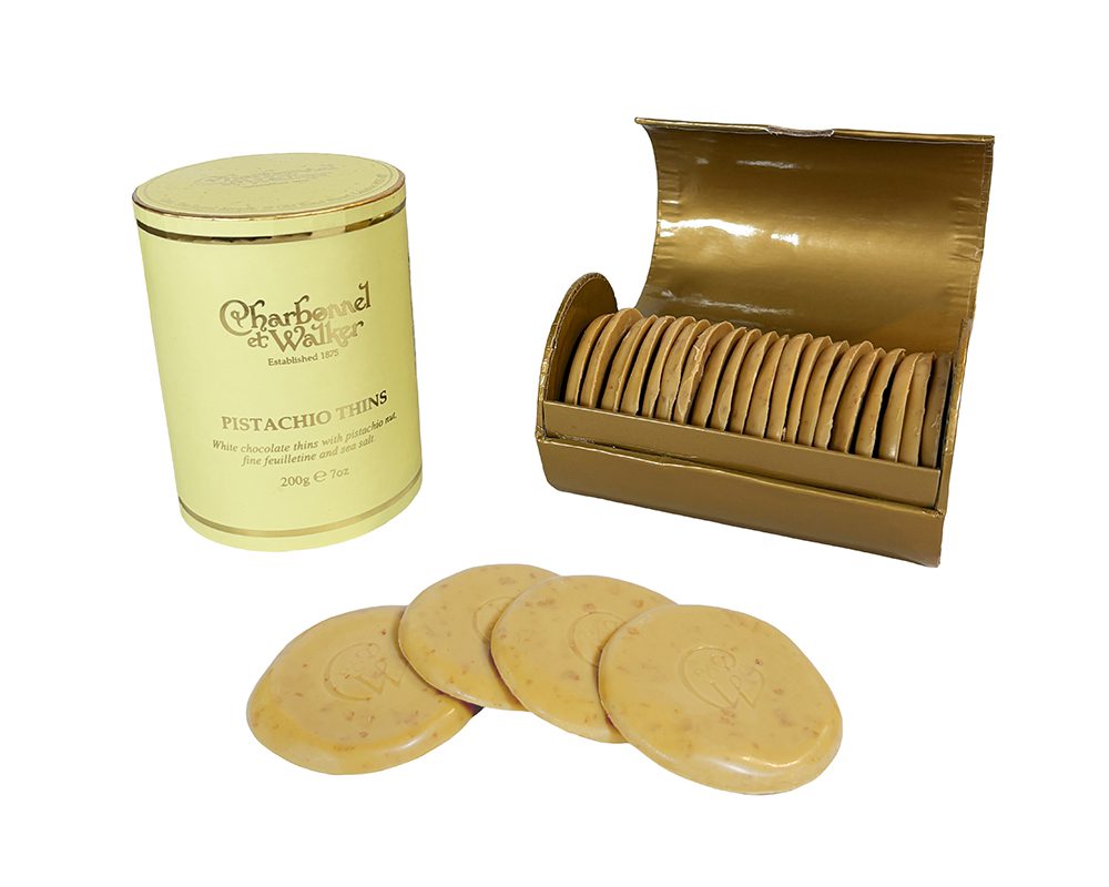 Charbonnel et Walker Pistachio Thins, white chocolate discs with pistachio, made in London