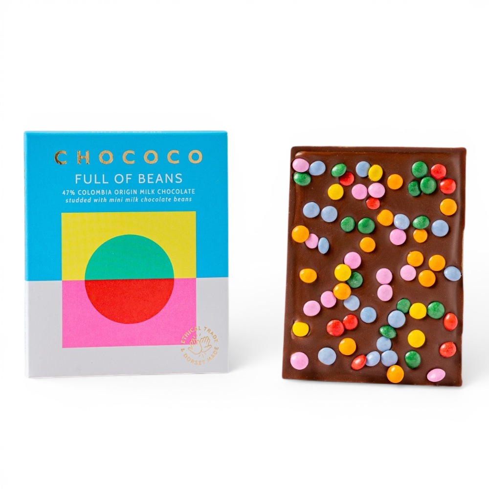 Chococo Full of Beans 47% milk chocolate bar, made in Dorset