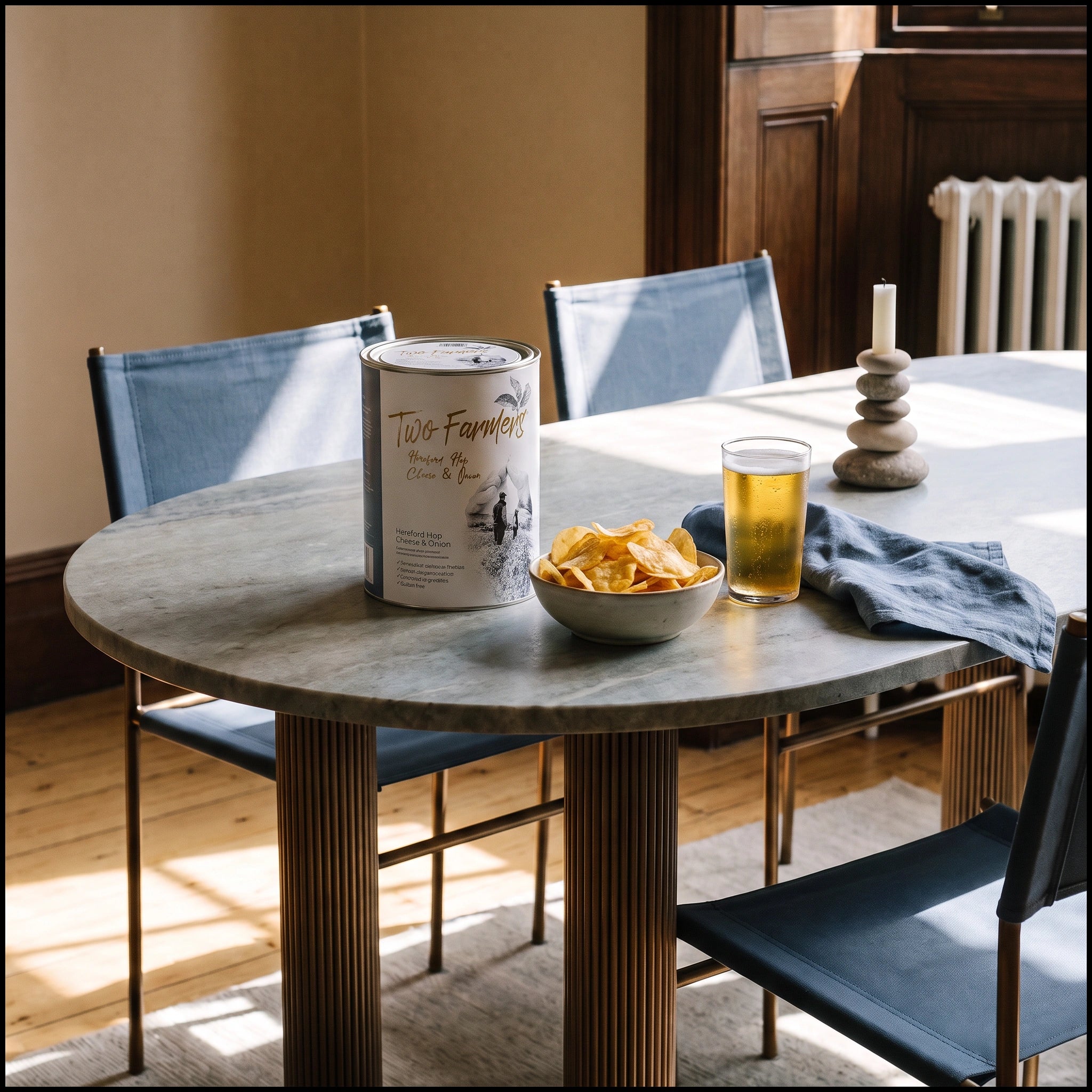Two Farmers Hereford Hop Cheese & Onion crisps tin on a sunlit marble dining table