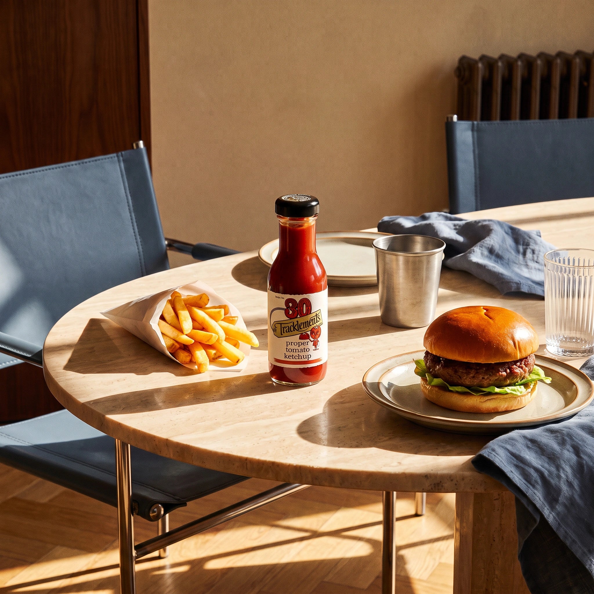 Tracklements Proper Tomato Ketchup bottle on a sunlit dining table with a burger and chips