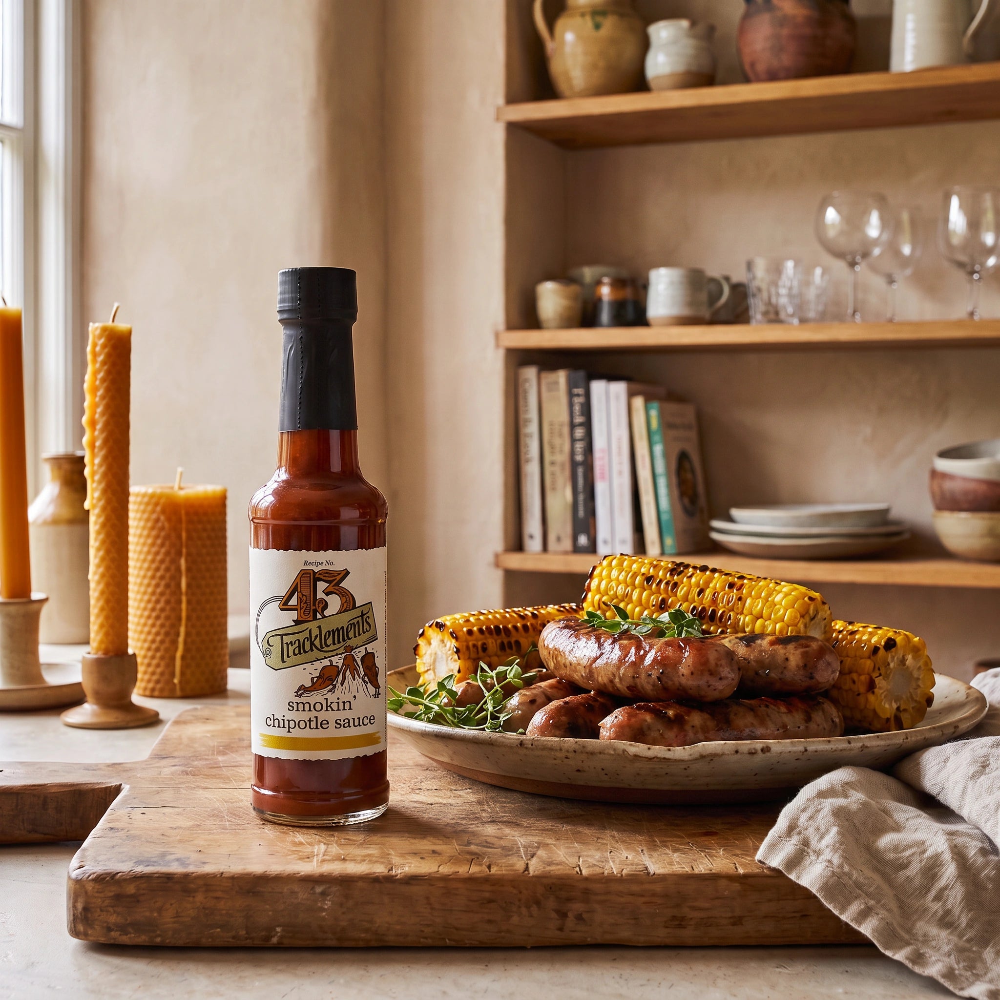 Tracklements Smokin' Chipotle Sauce bottle in a rustic kitchen with grilled sausages and corn