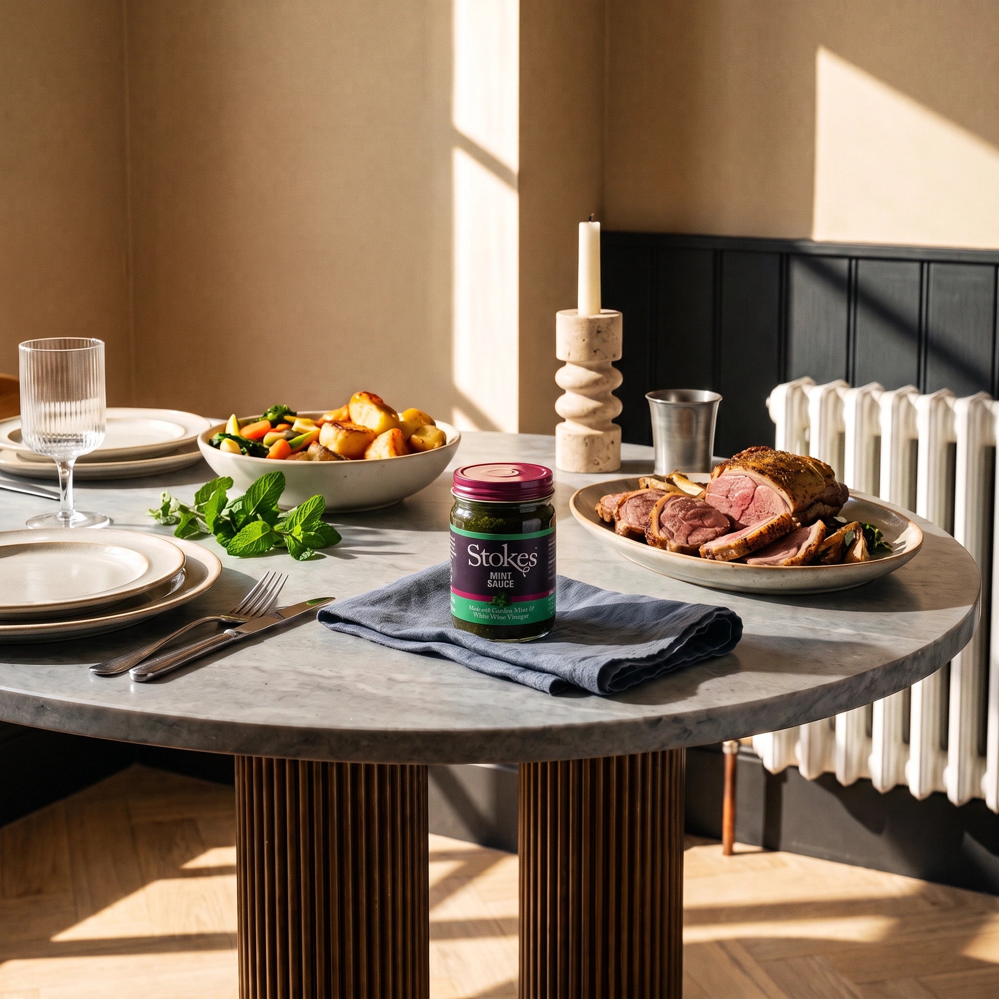 Stokes Mint Sauce jar on a sunlit marble dining table with a Sunday roast lamb