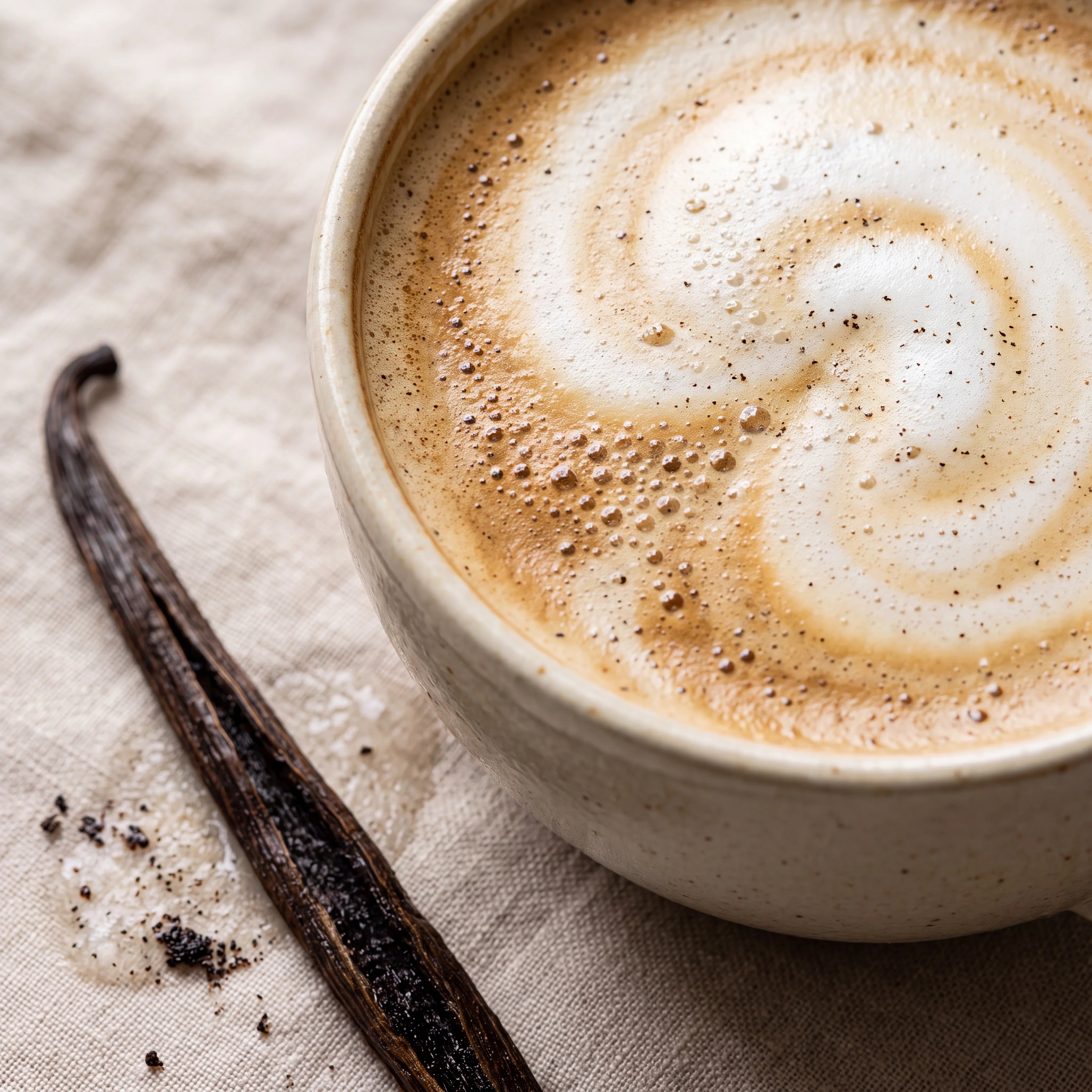 Creamy vanilla latte coffee with a vanilla pod