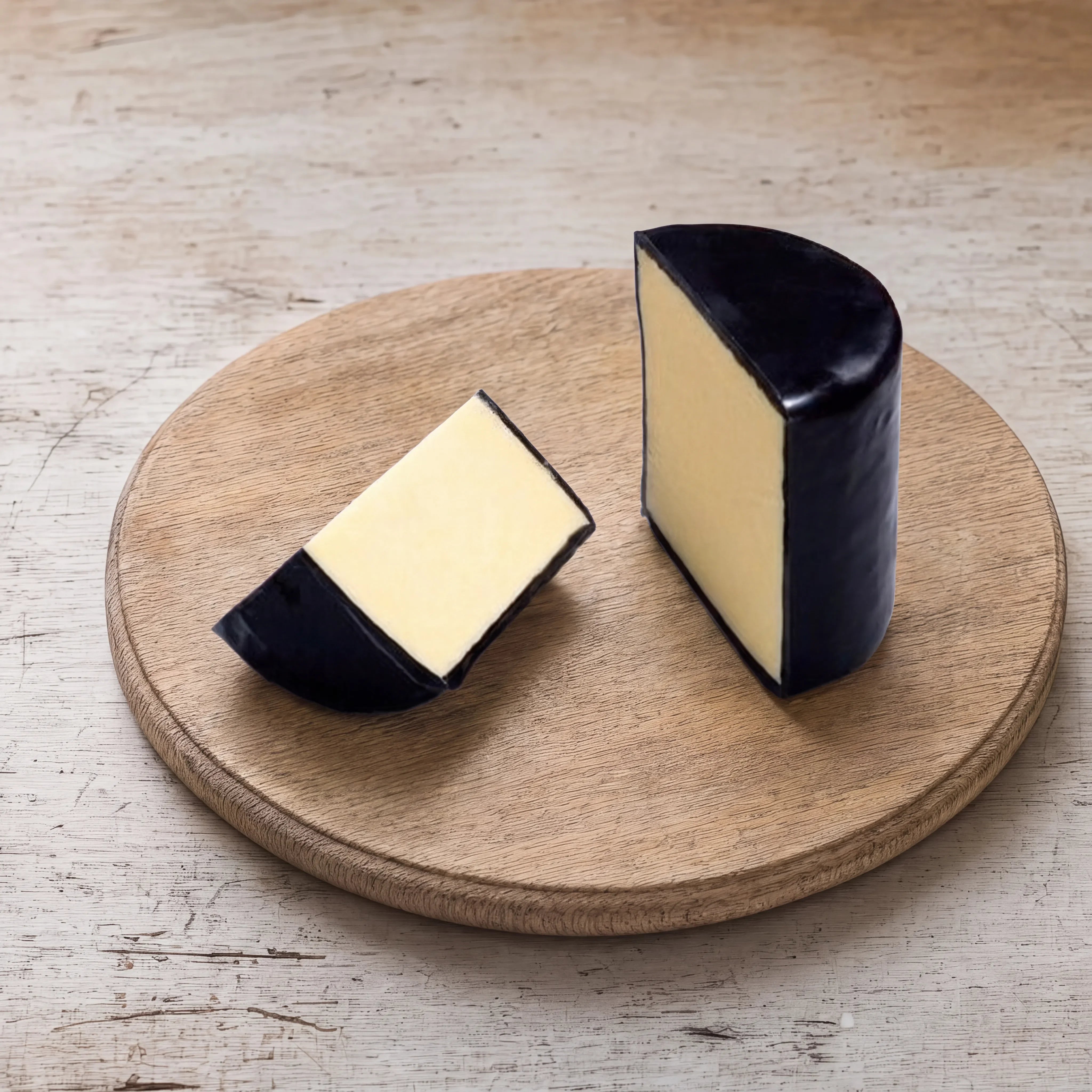 Wookey Hole cave-aged cheddar on an oak board, English cheesemonger counter