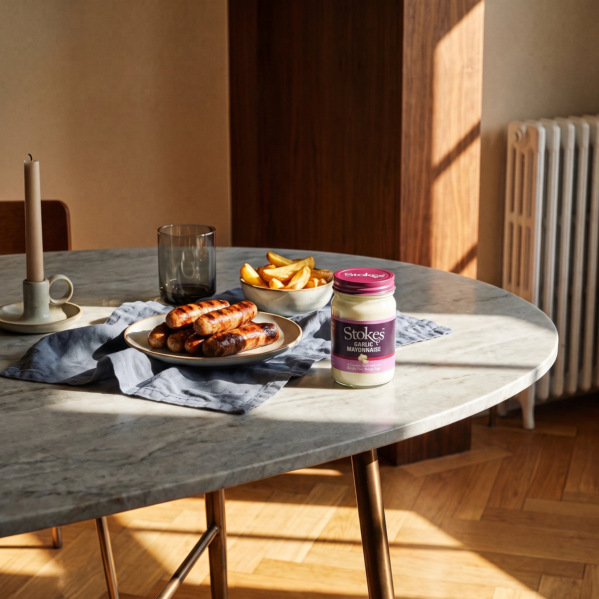 Stokes Garlic Mayonnaise jar beside grilled sausages and chips on a sunlit marble table