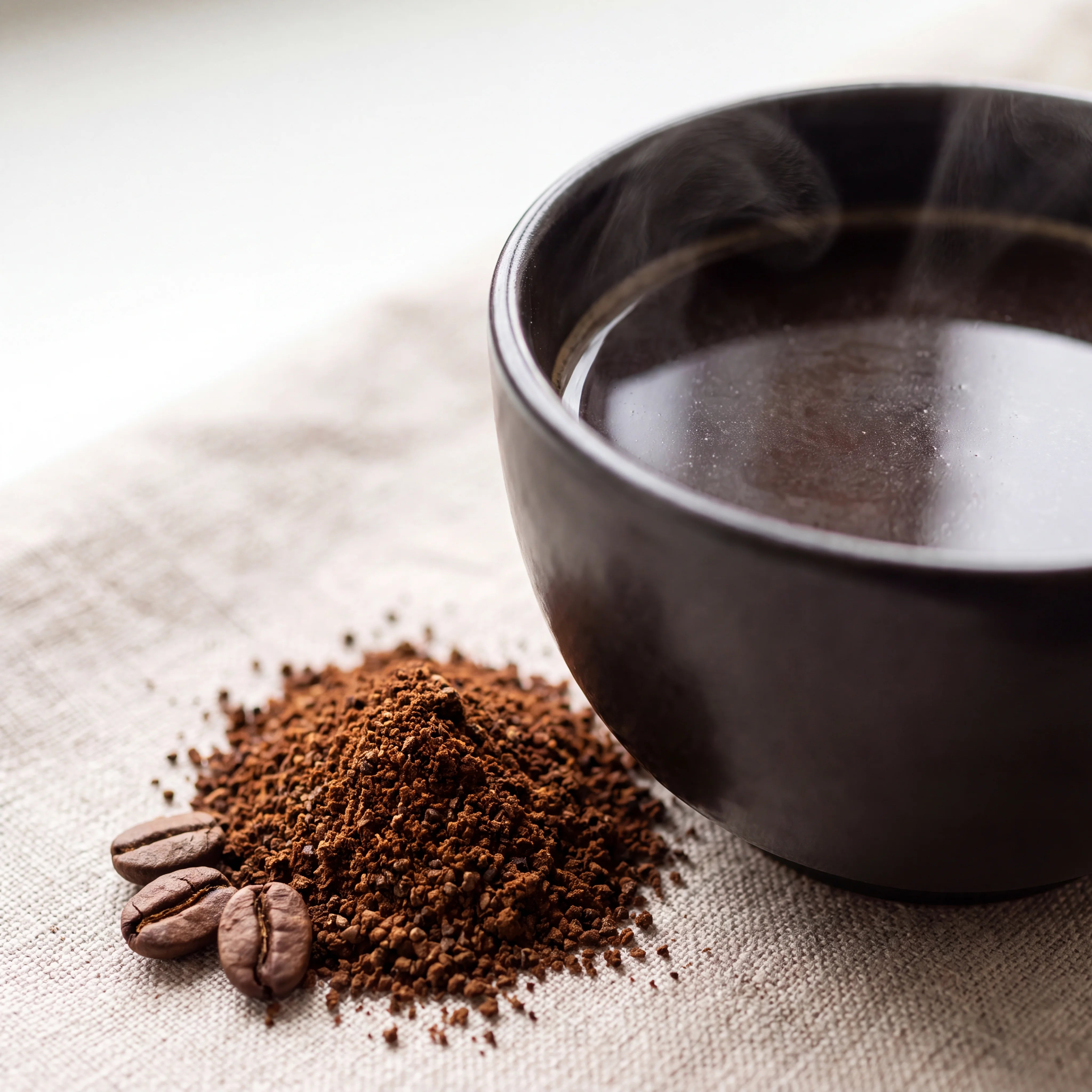 Cup of freshly brewed black coffee with ground coffee and beans