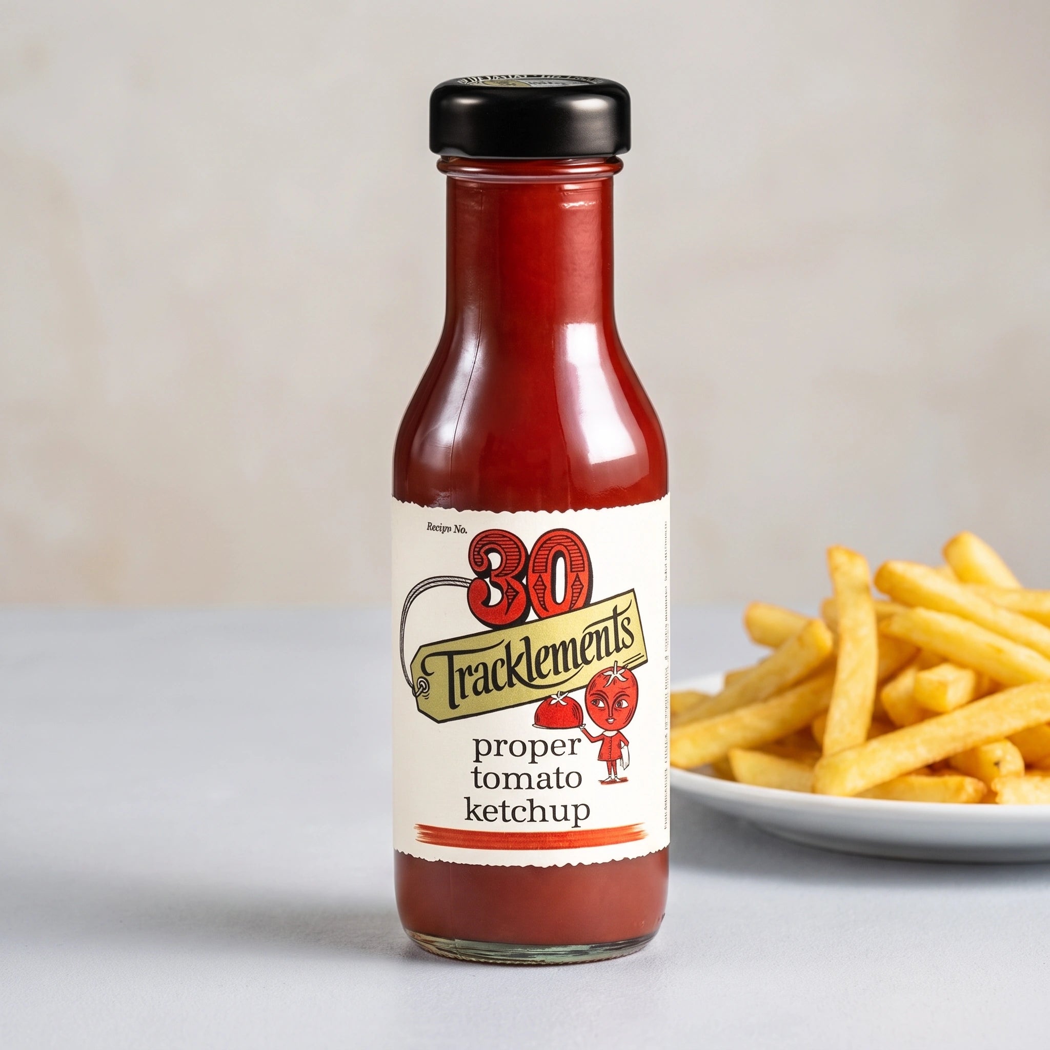 Tracklements Proper Tomato Ketchup bottle with a plate of chips