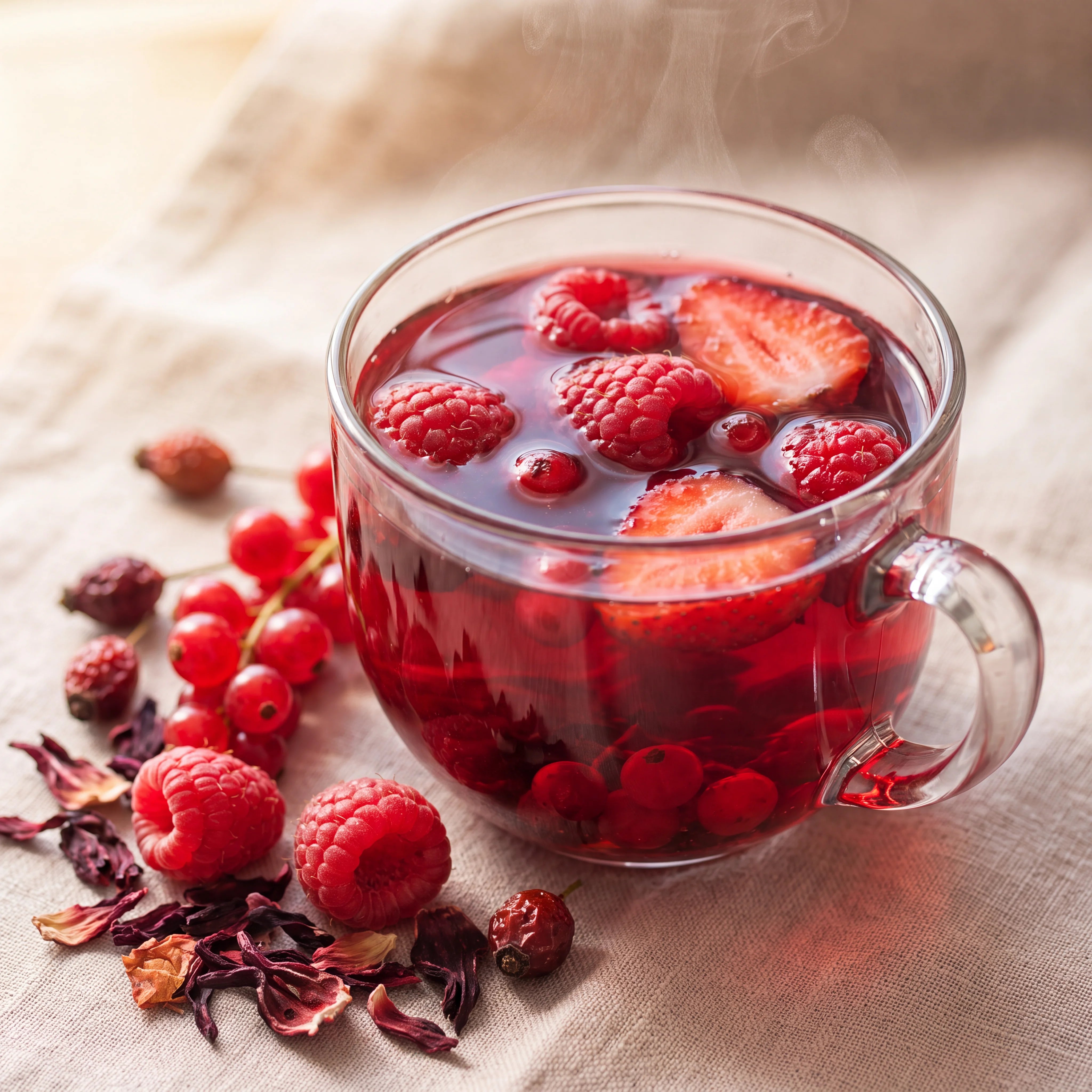 Cup of deep red berry fruit infusion with fresh berries