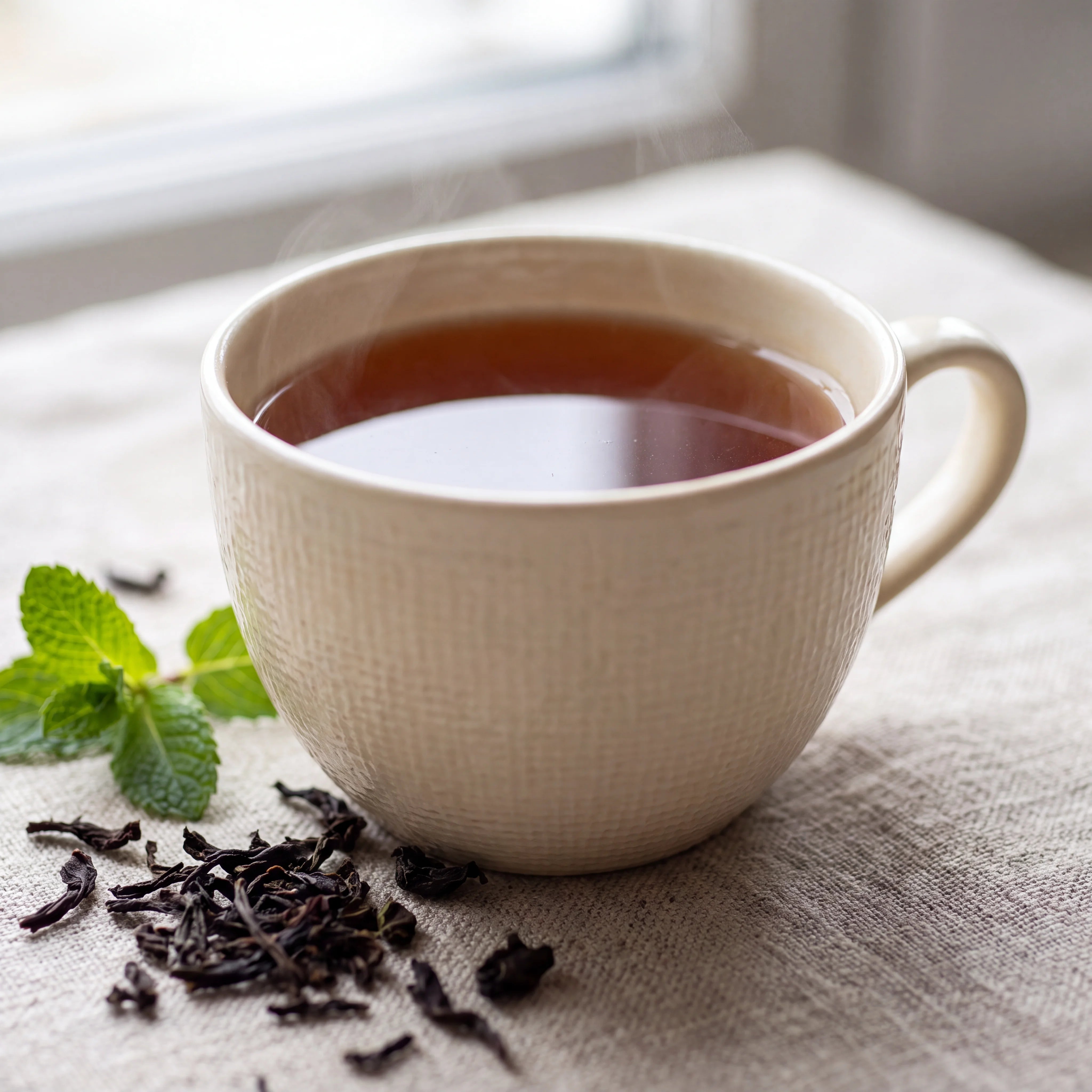 Cup of strong amber English Breakfast tea with loose black tea leaves