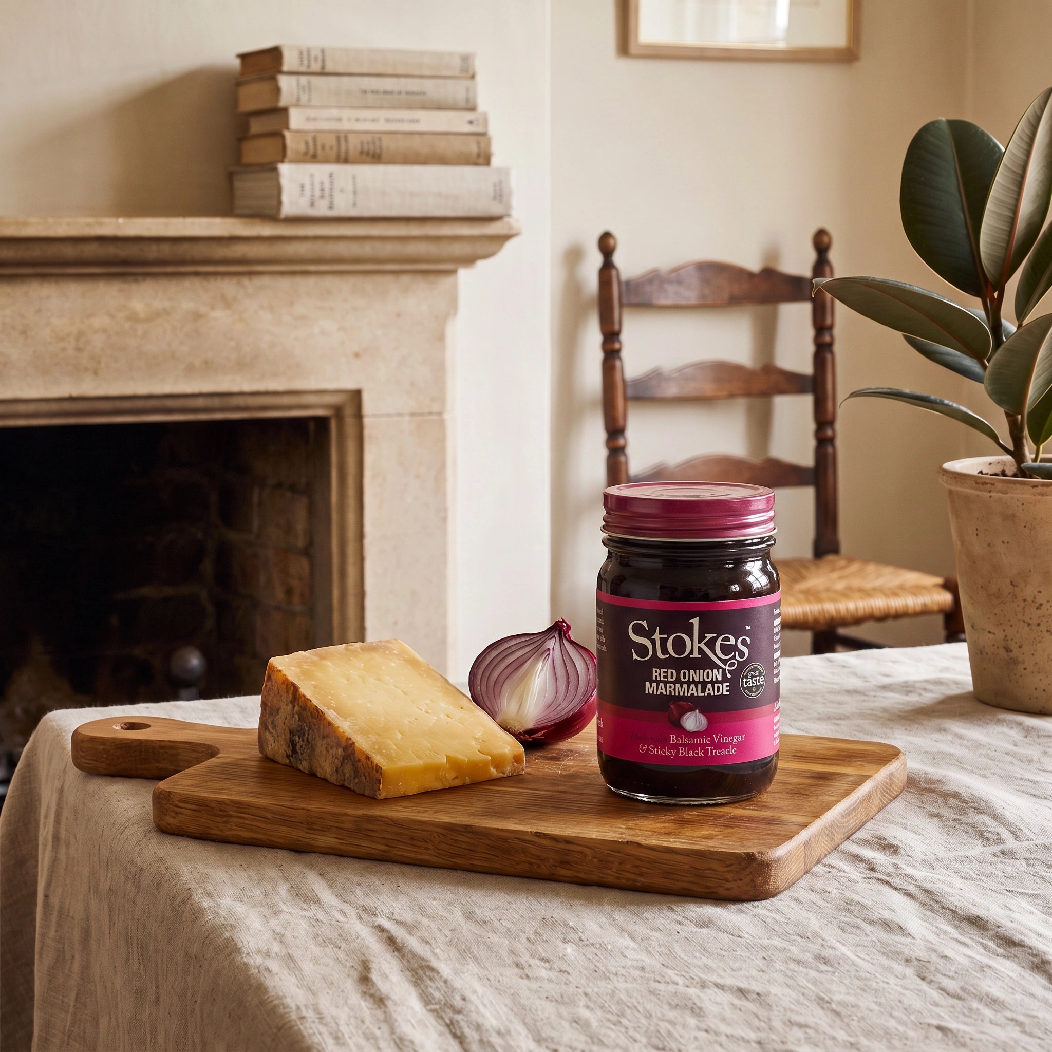 Stokes Red Onion Marmalade with cheddar and a halved red onion