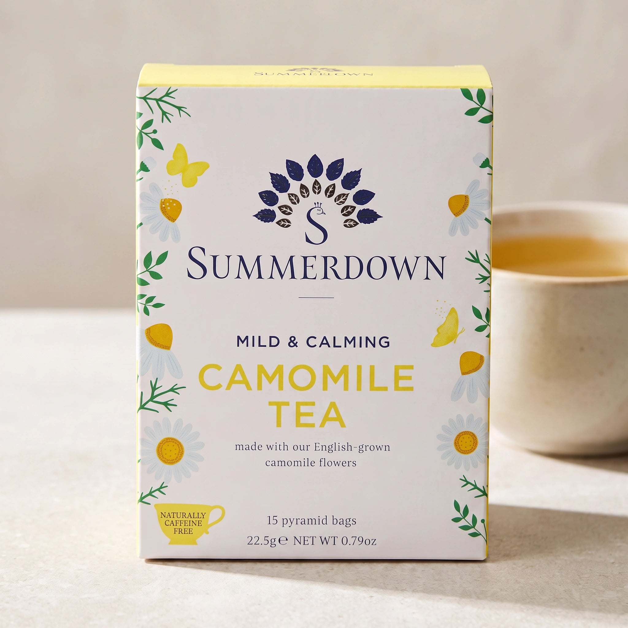 Summerdown Camomile box front-on with a cup of camomile tea