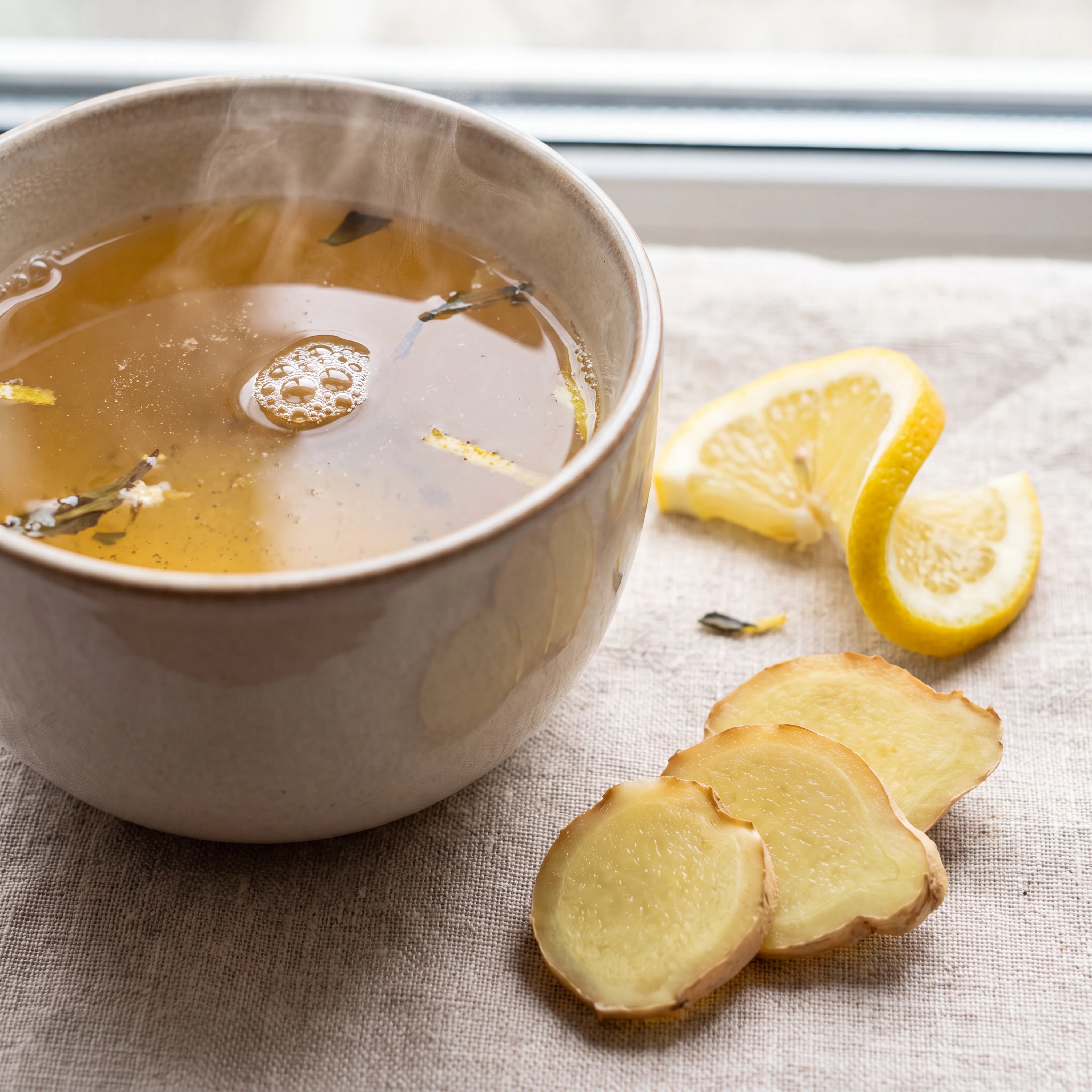 Cup of golden ginger and lemon infusion with ginger and lemon