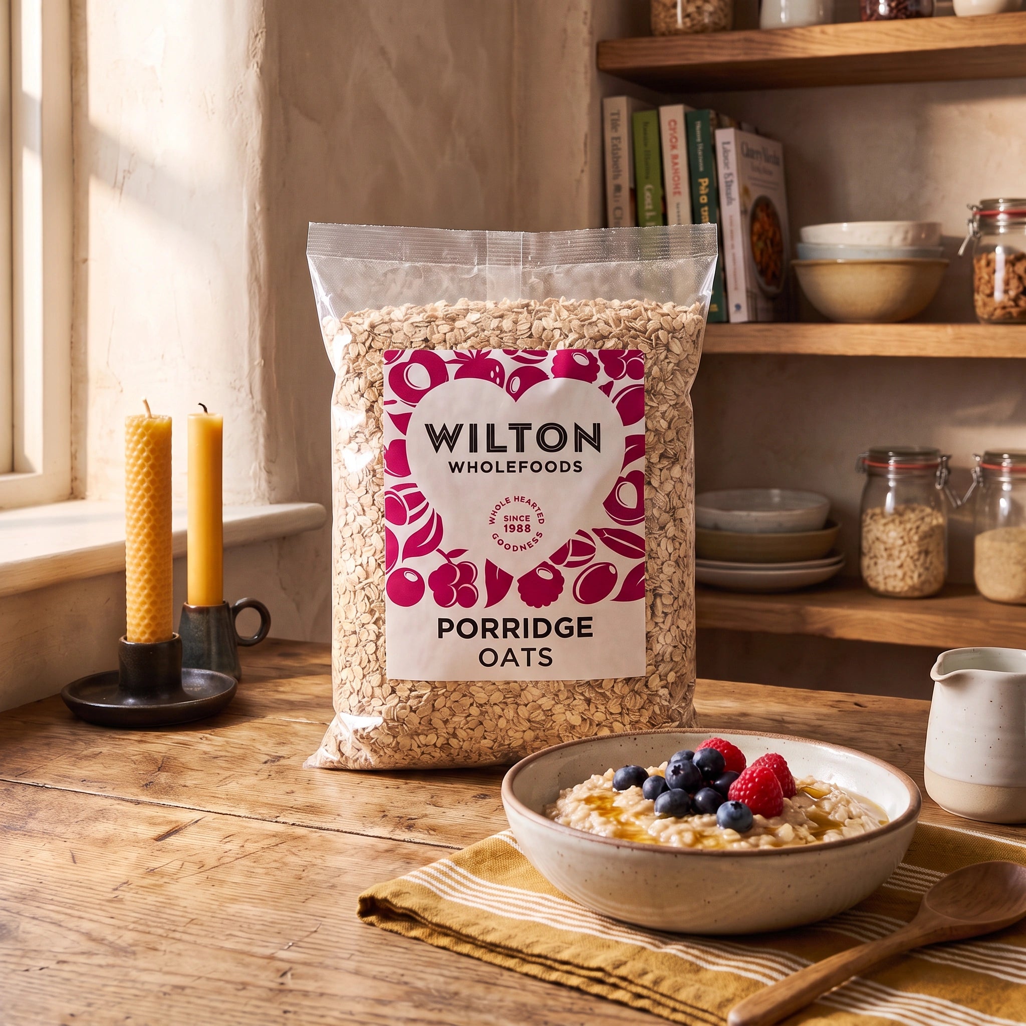 Wilton Porridge Oats 500g bag in a rustic kitchen breakfast setting