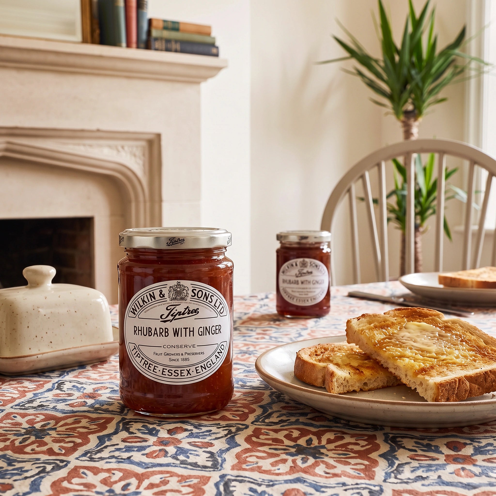 Tiptree Rhubarb with Ginger Conserve jar on a breakfast table by a fireplace with hot buttered toast