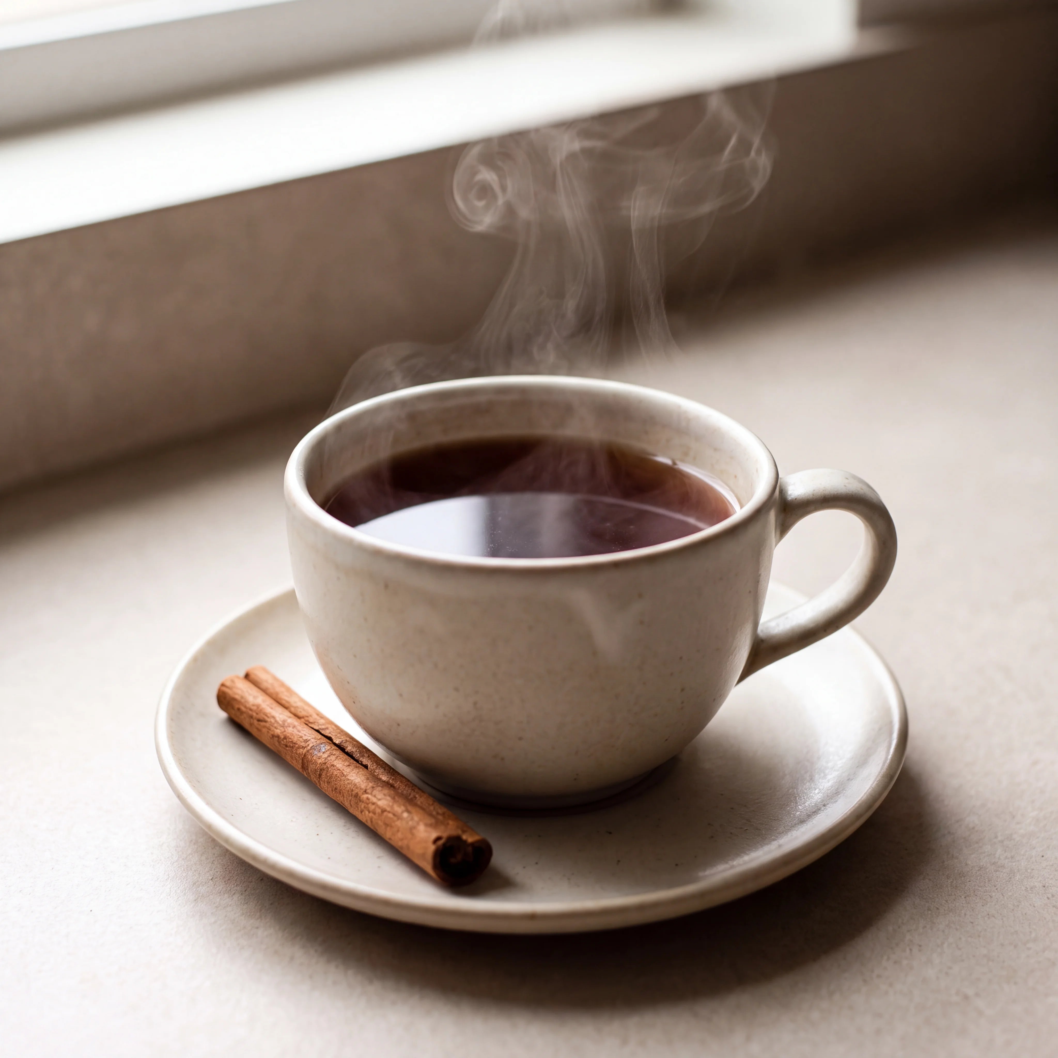 Freshly brewed cup of spiced cinnamon tea with a cinnamon stick