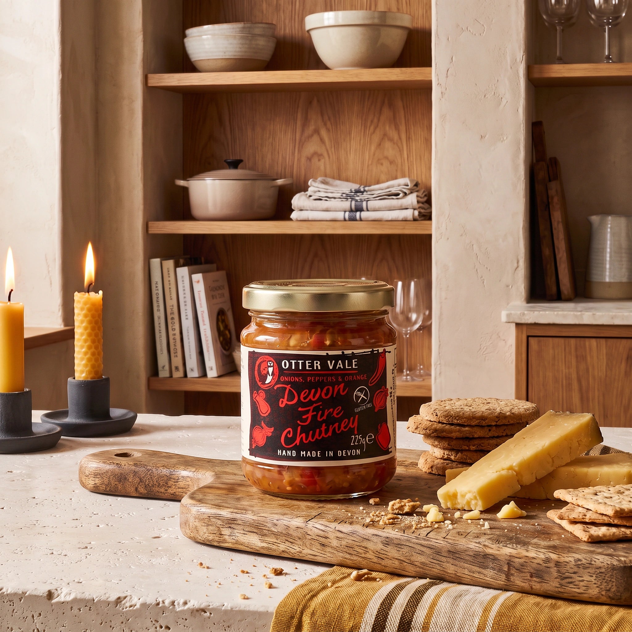 Otter Vale Devon Fire Chutney jar in a rustic kitchen cheeseboard setting