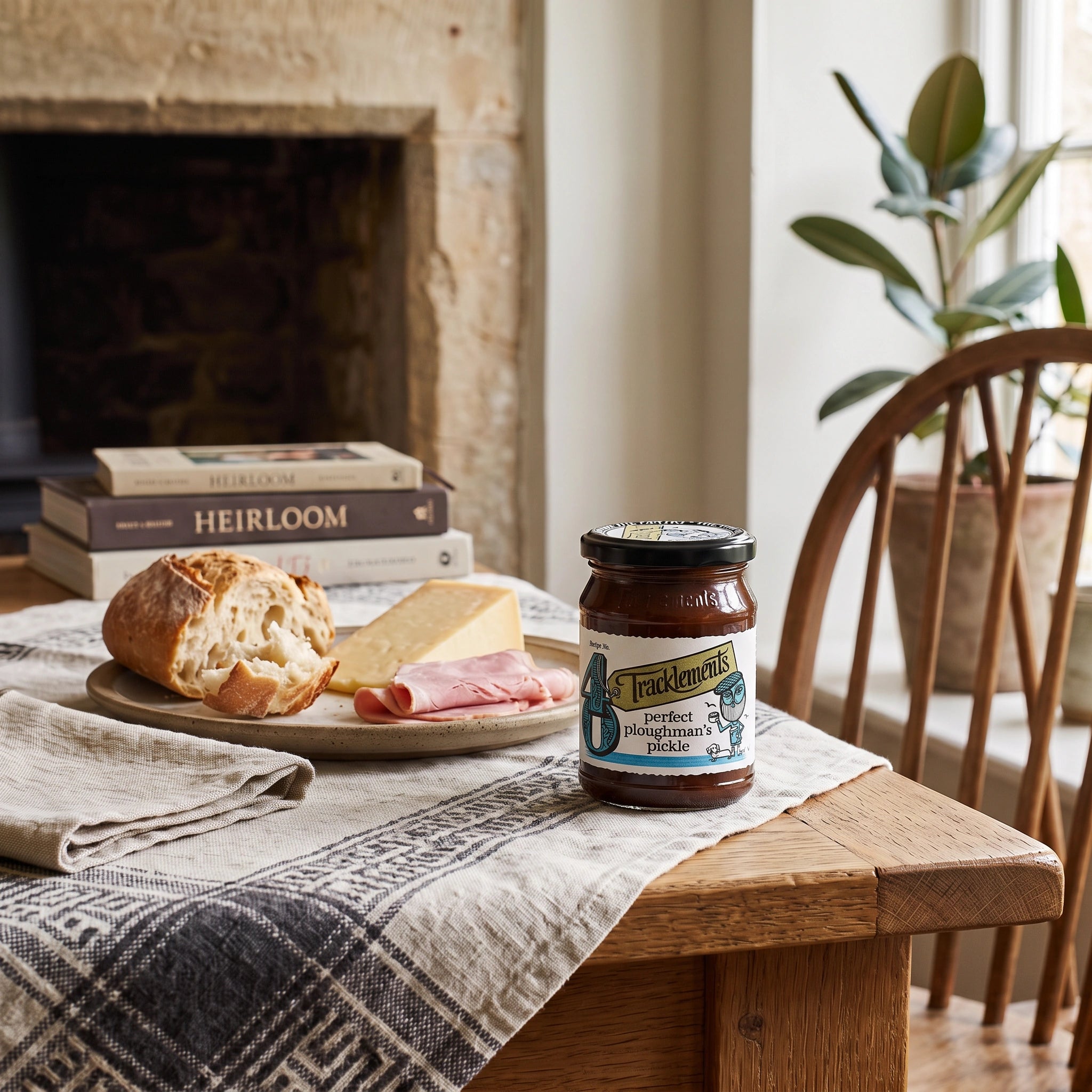 Tracklements Perfect Ploughman's Pickle jar on a table by a fireplace with a ploughman's lunch