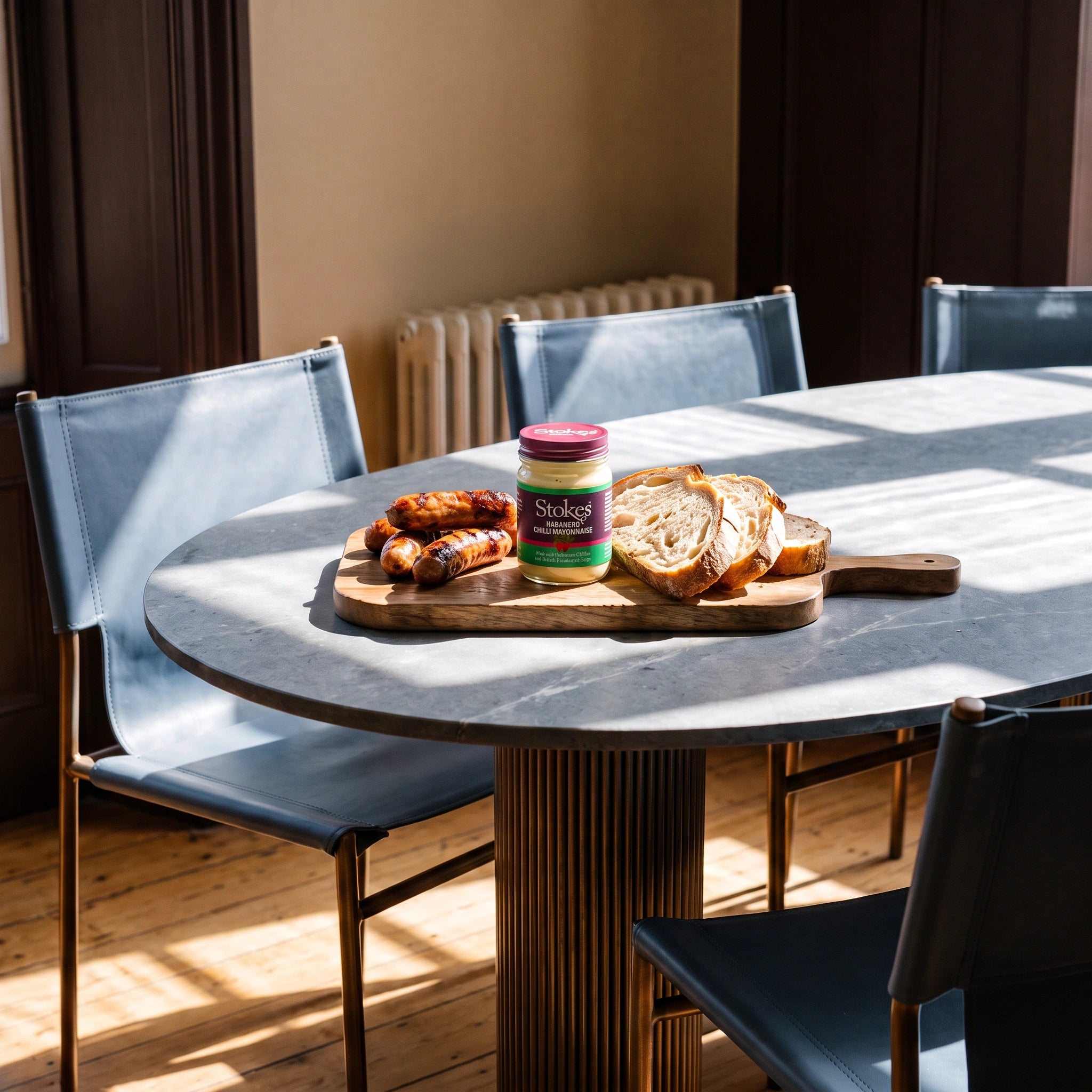 Stokes Habanero Chilli Mayonnaise jar with grilled sausages and crusty bread on a sunlit dining table