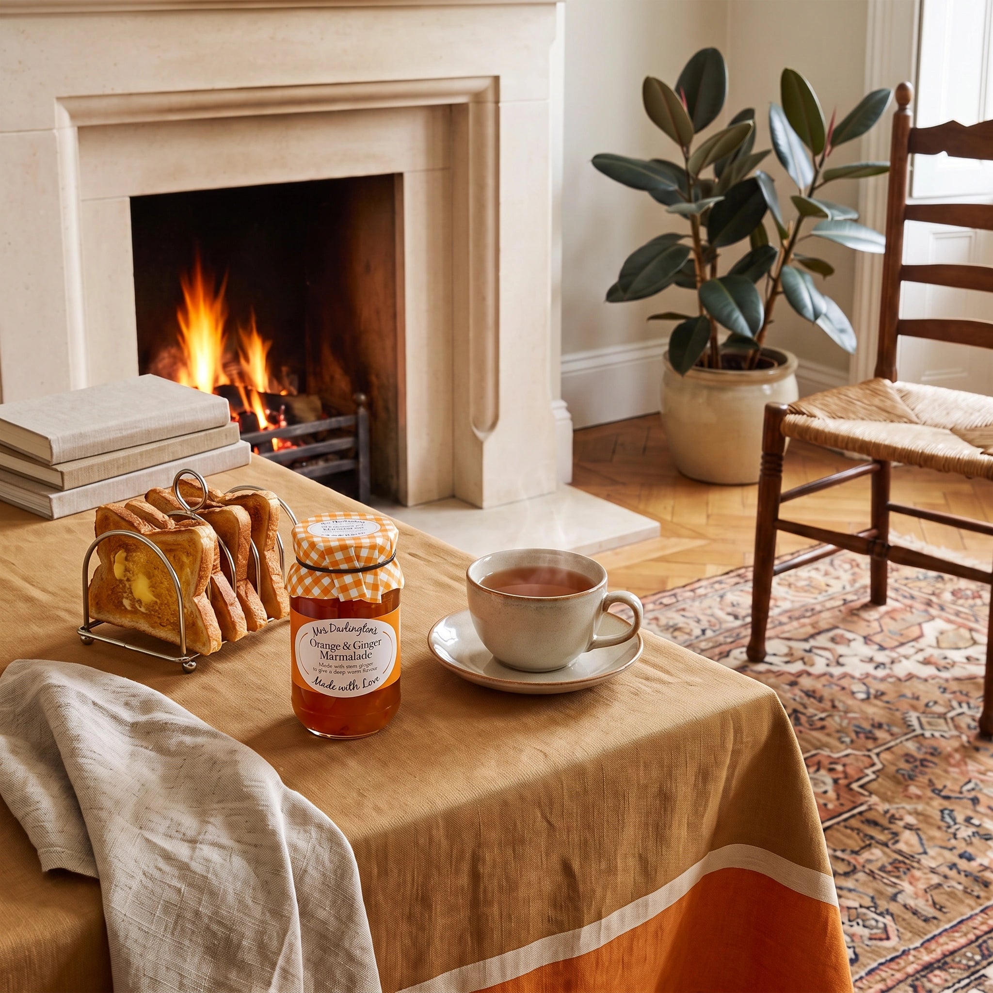 Mrs Darlington's Orange & Ginger Marmalade jar with tea and buttered toast by a fireplace