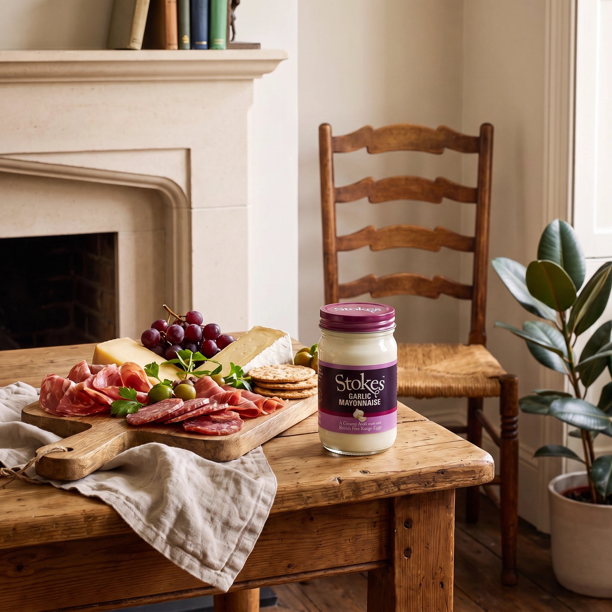 Stokes Garlic Mayonnaise jar beside a charcuterie and cheese board by a fireplace