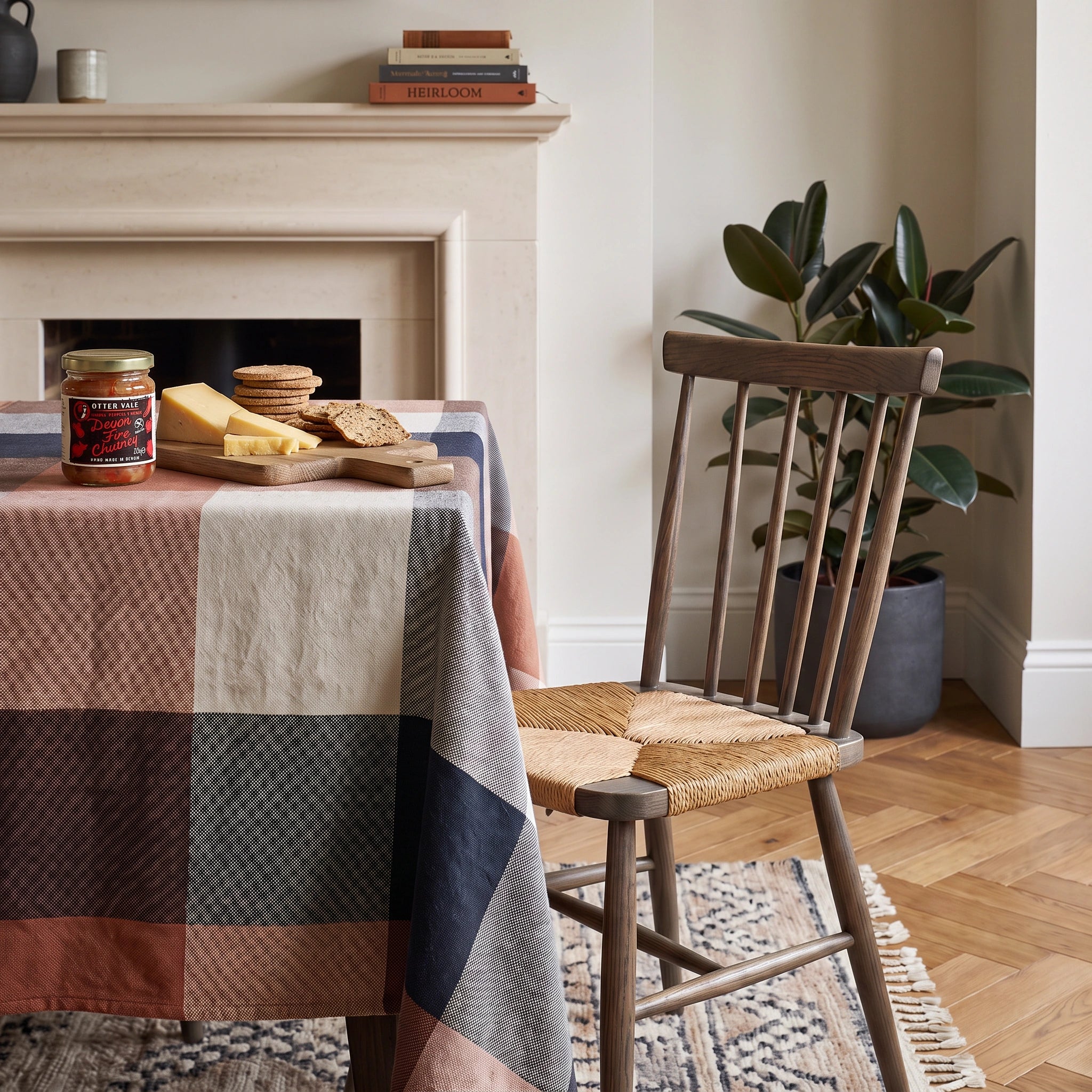 Otter Vale Devon Fire Chutney jar by a fireplace with a cheeseboard