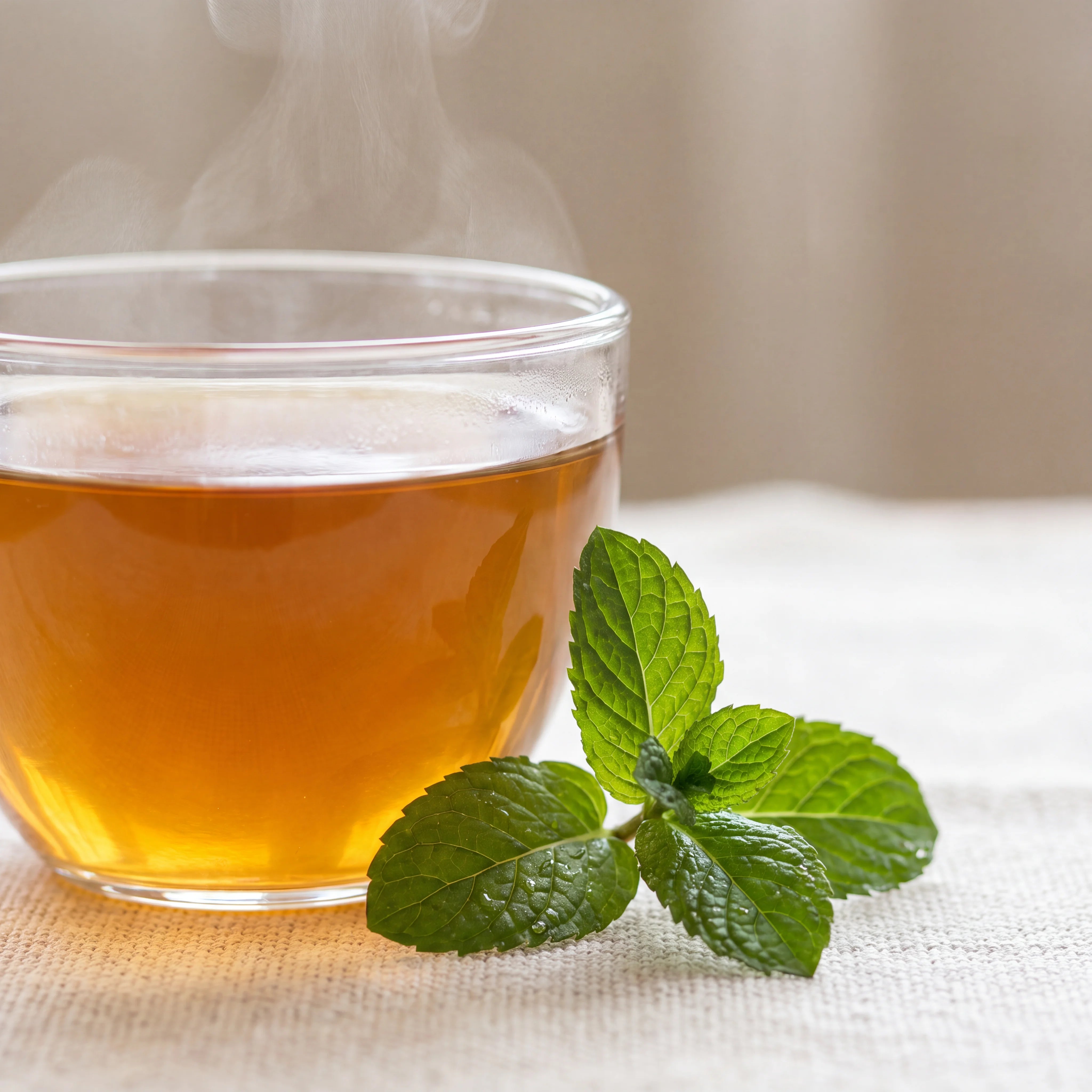 Cup of peppermint tea with fresh mint leaves