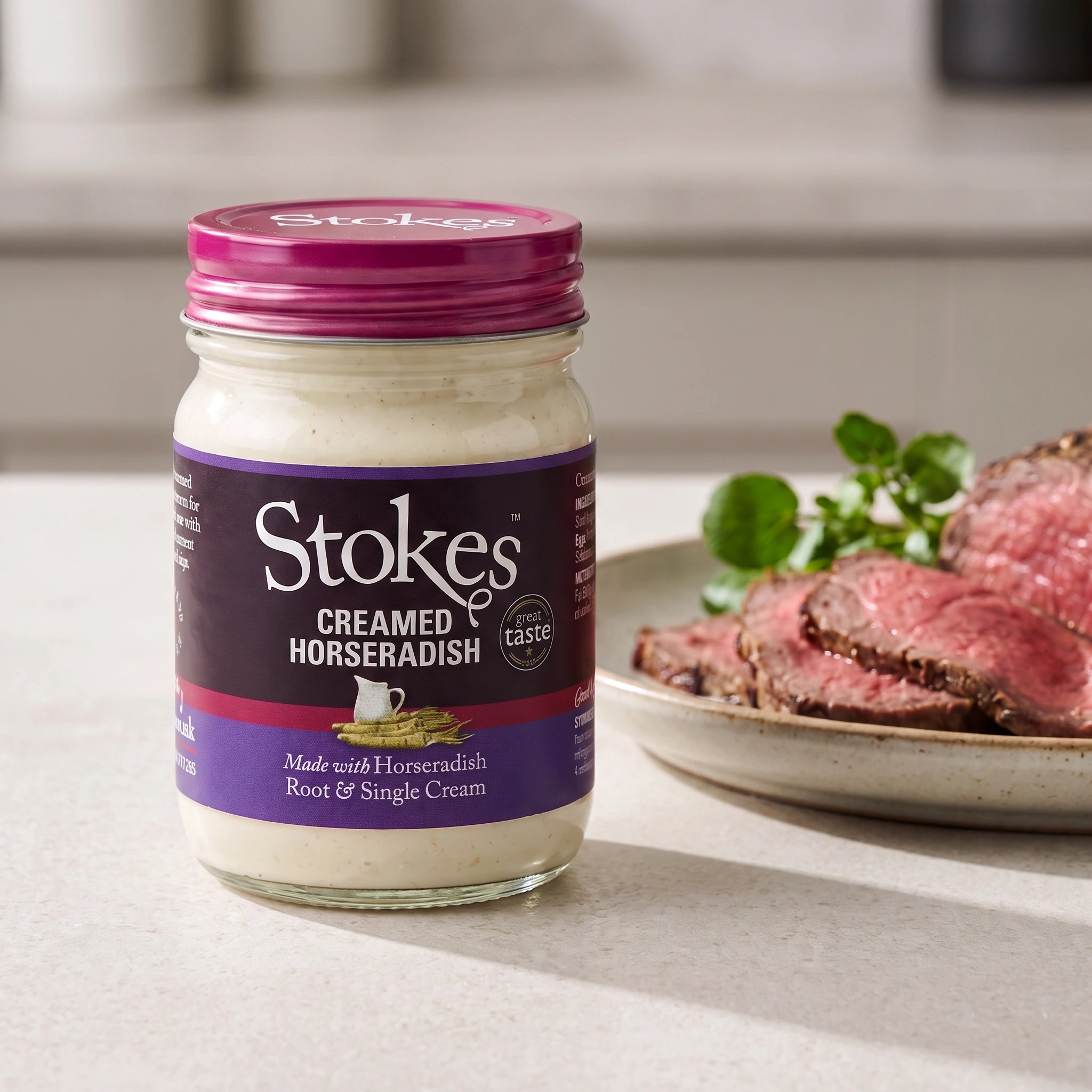 Stokes Creamed Horseradish jar with sliced roast beef