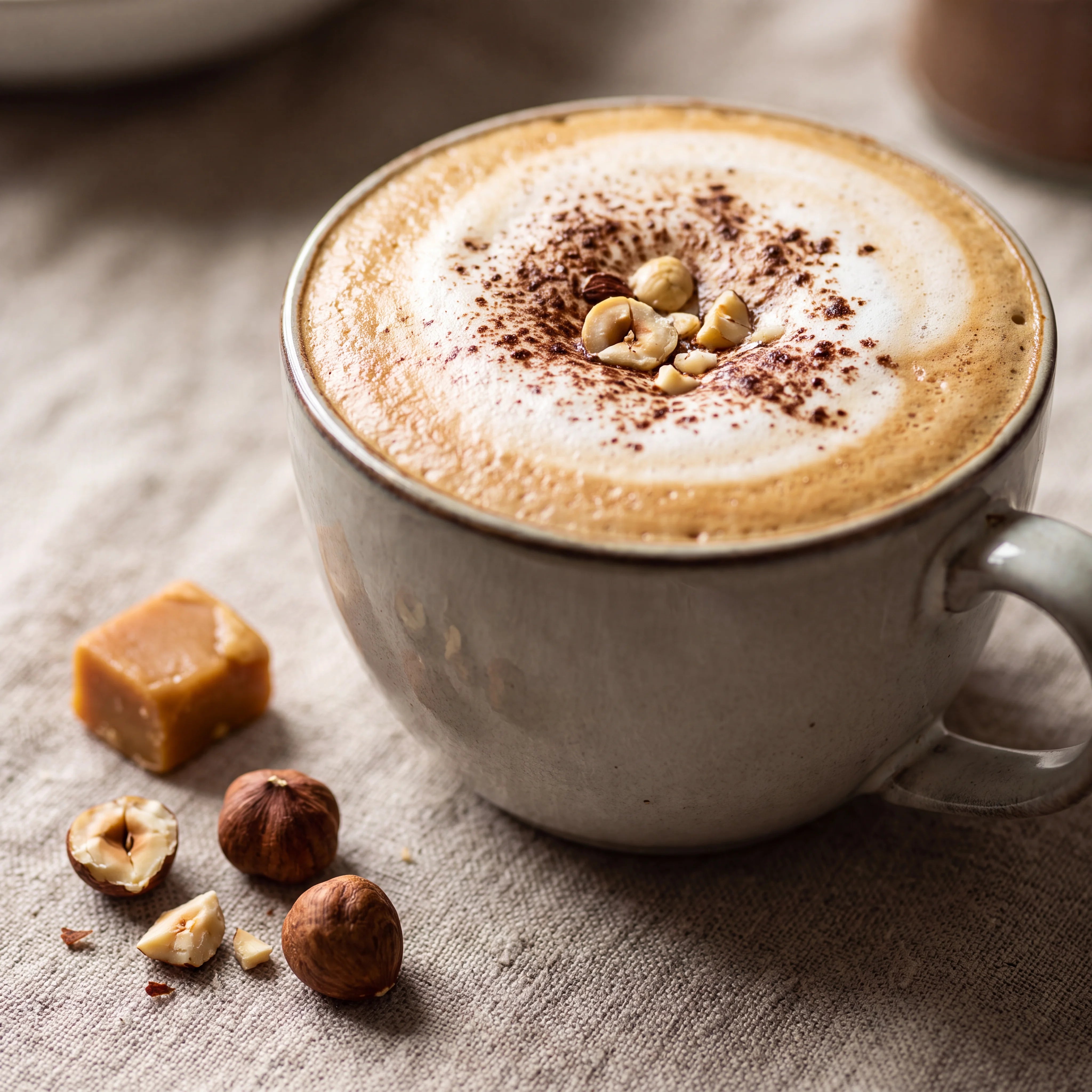 Creamy toffee nut latte coffee with hazelnuts and toffee