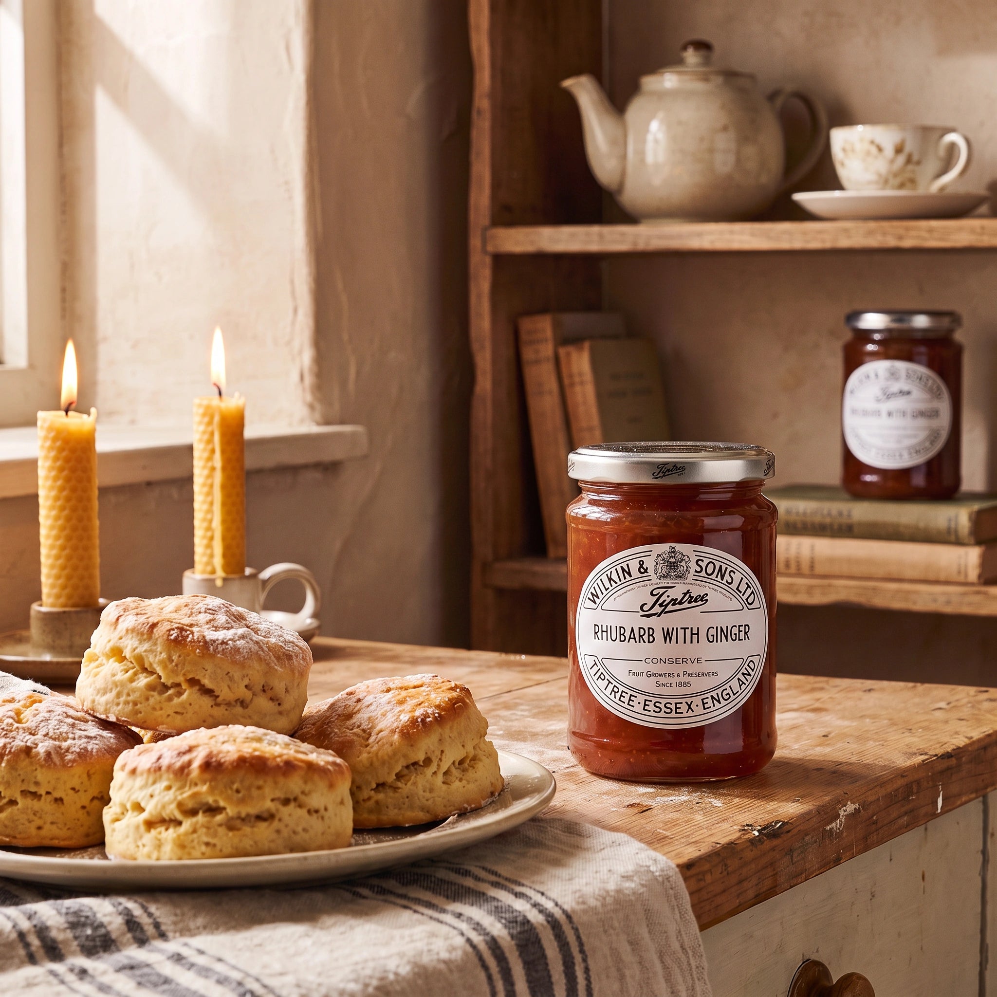 Tiptree Rhubarb with Ginger Conserve jar in a rustic kitchen with warm scones and afternoon tea