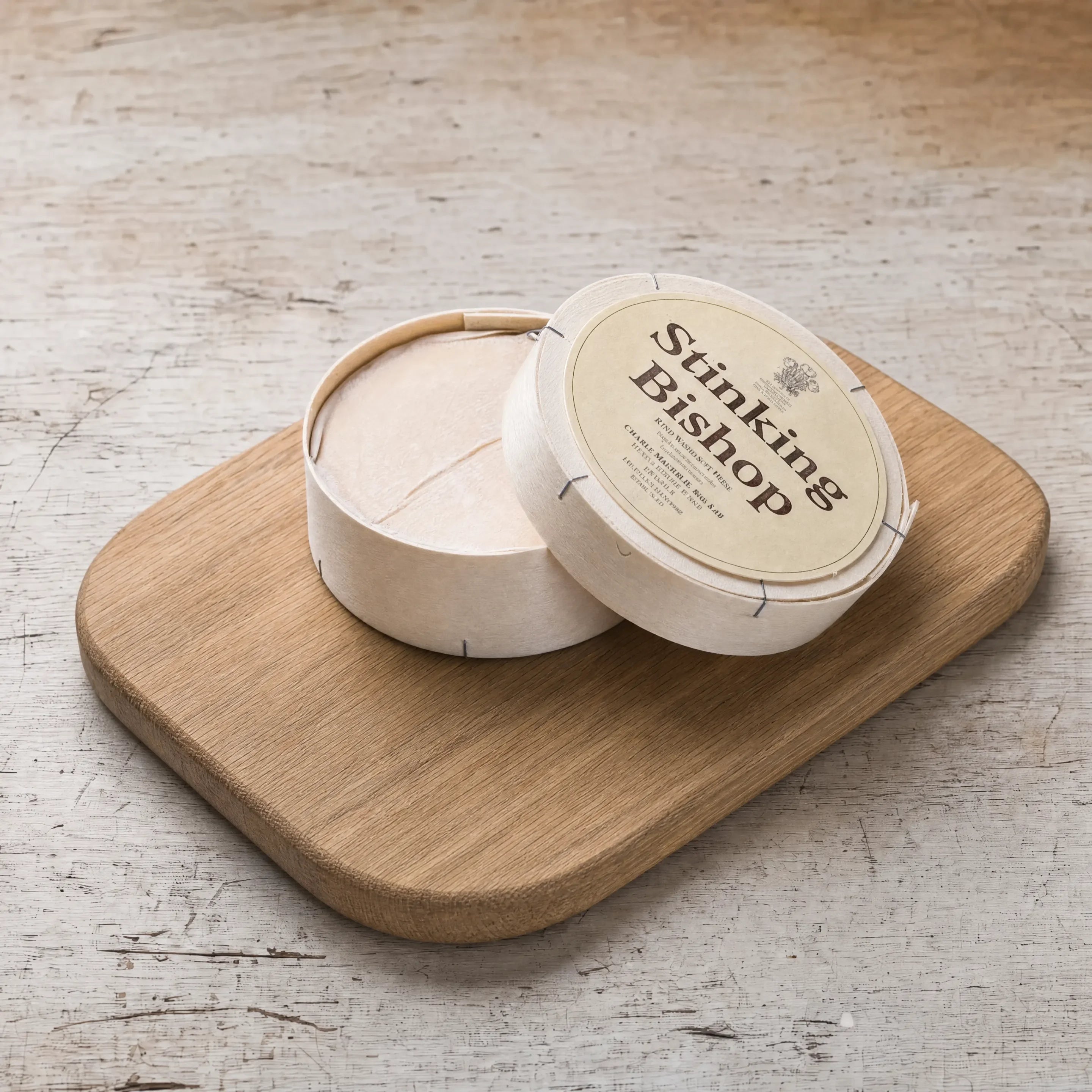 Stinking Bishop cheese in its labelled wooden box on an oak board