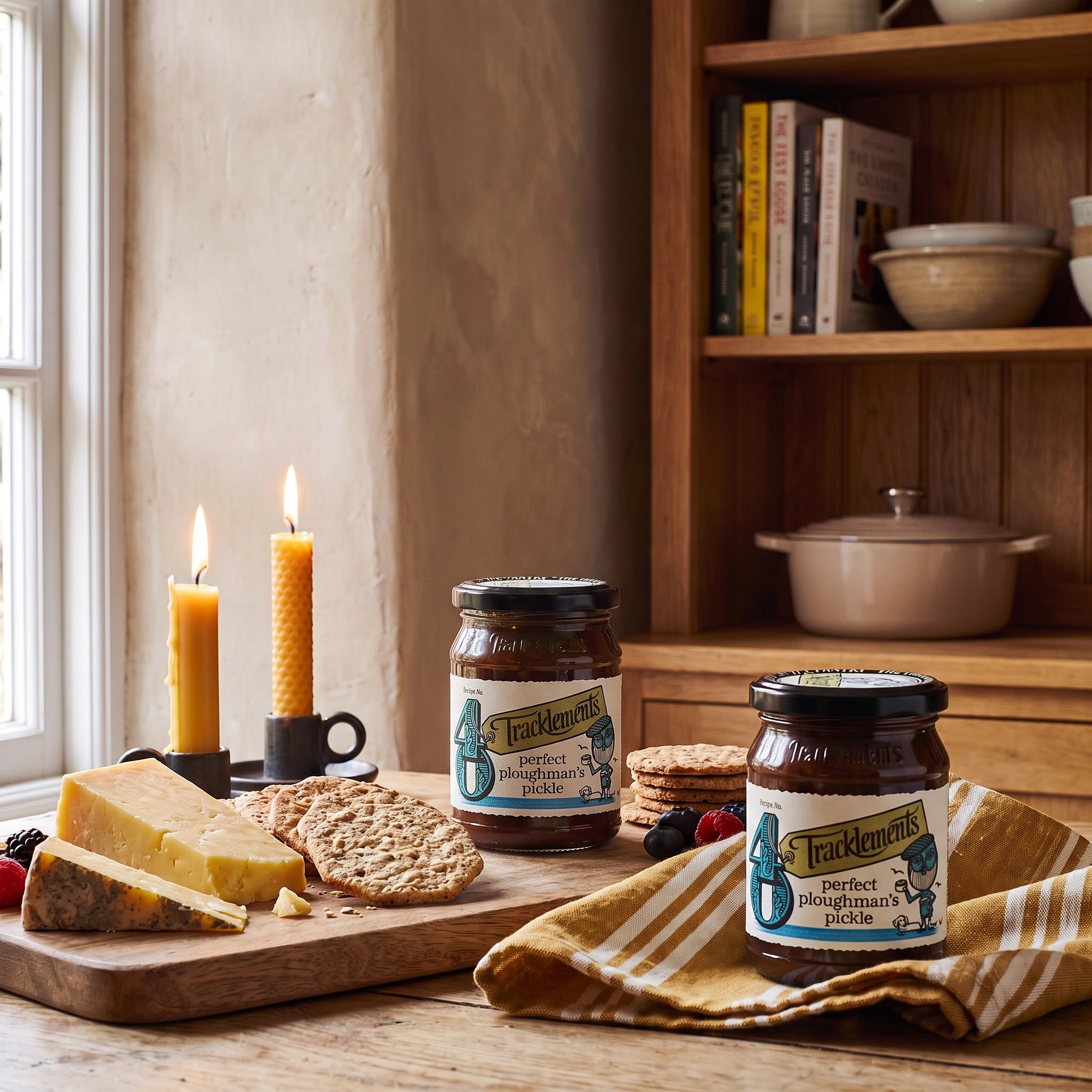 Tracklements Perfect Ploughman's Pickle jar in a rustic kitchen setting with a cheeseboard