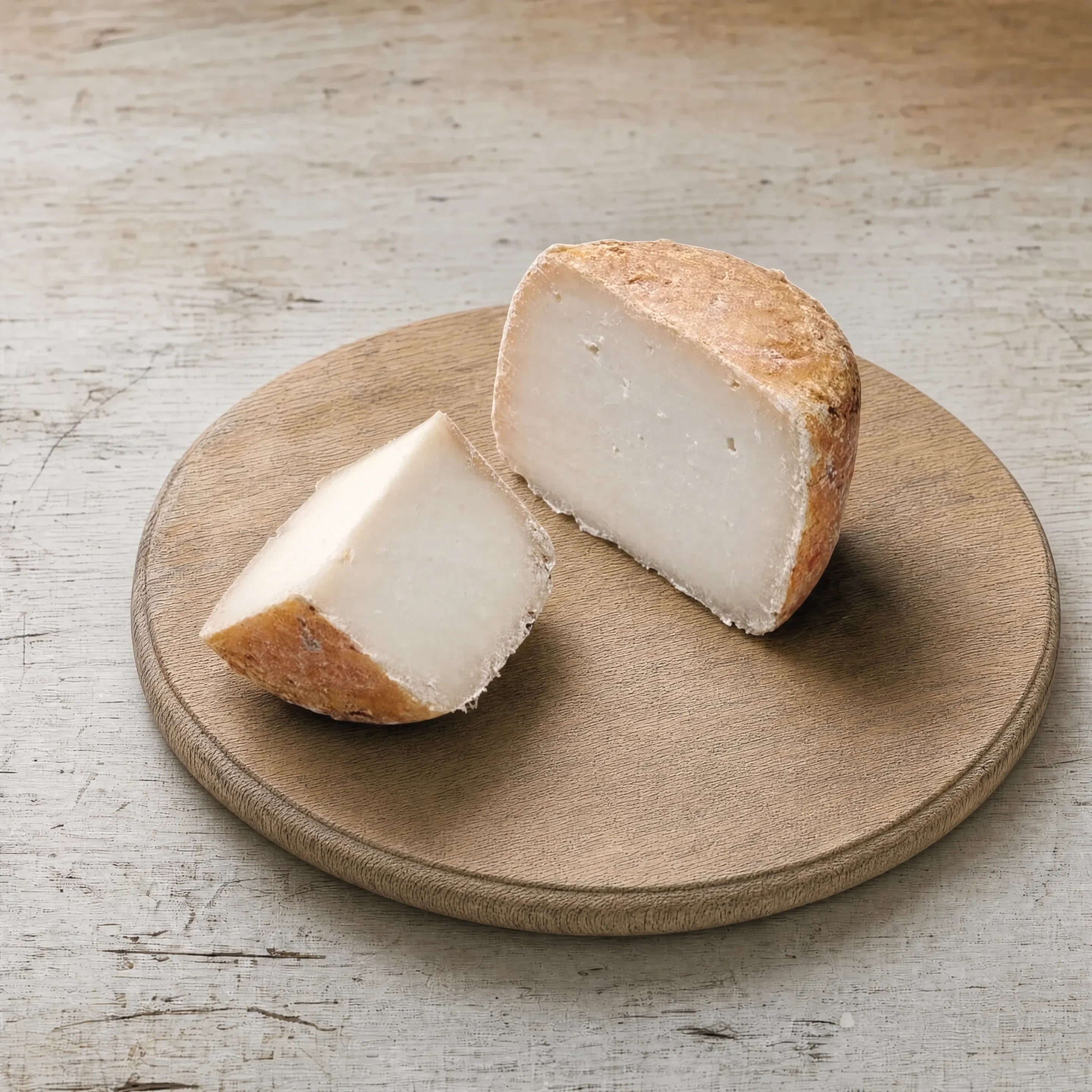 Katherine goats' tomme on an oak board, English cheesemonger counter