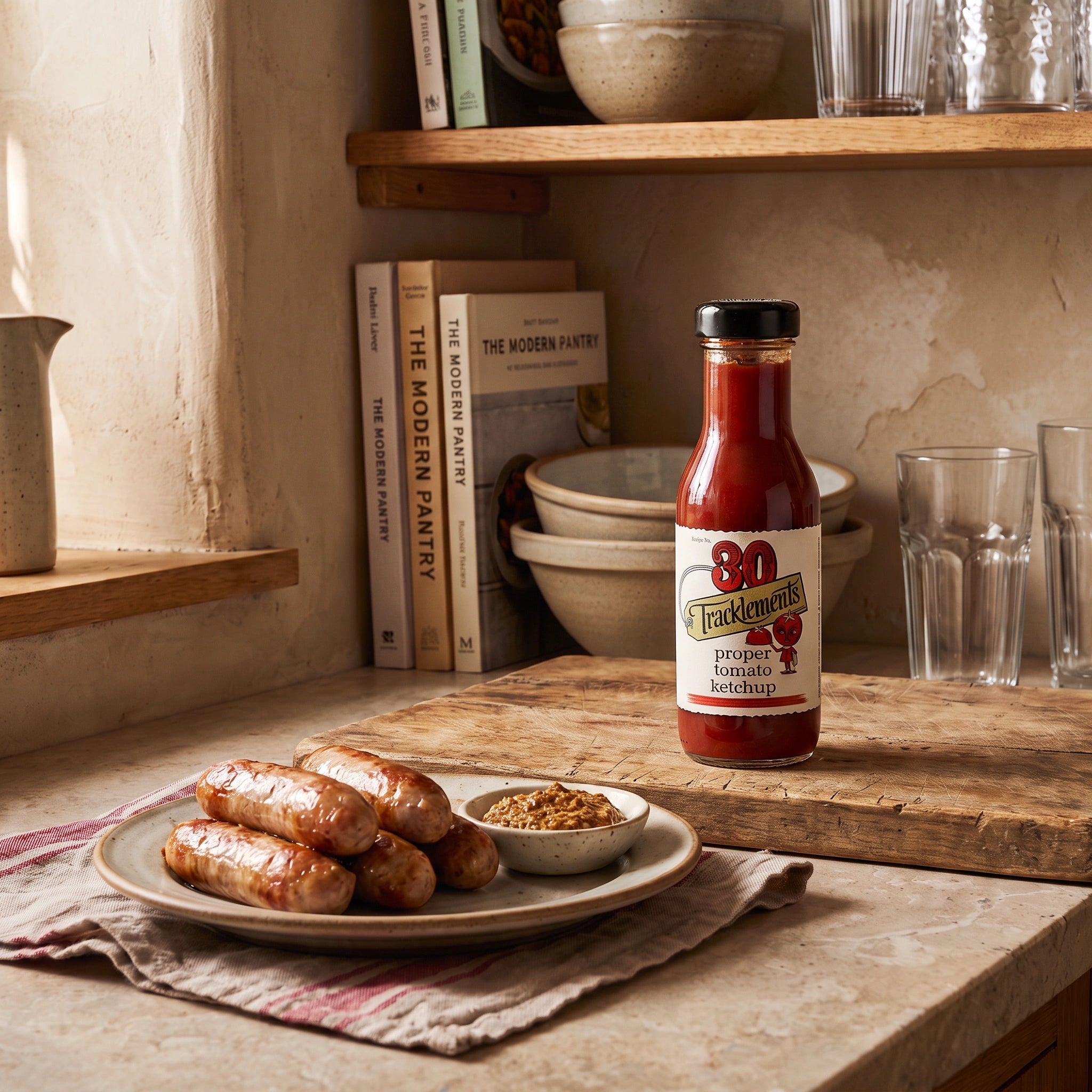 Tracklements Proper Tomato Ketchup bottle in a rustic kitchen setting with sausages