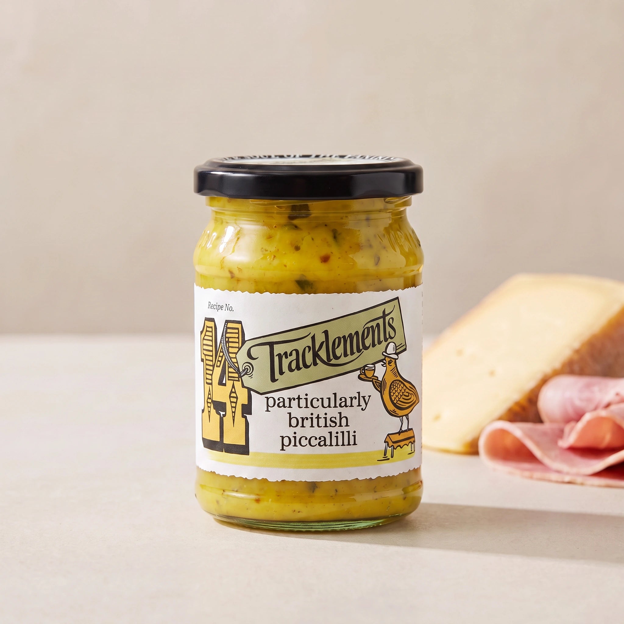 Tracklements Particularly British Piccalilli jar with cheese and ham