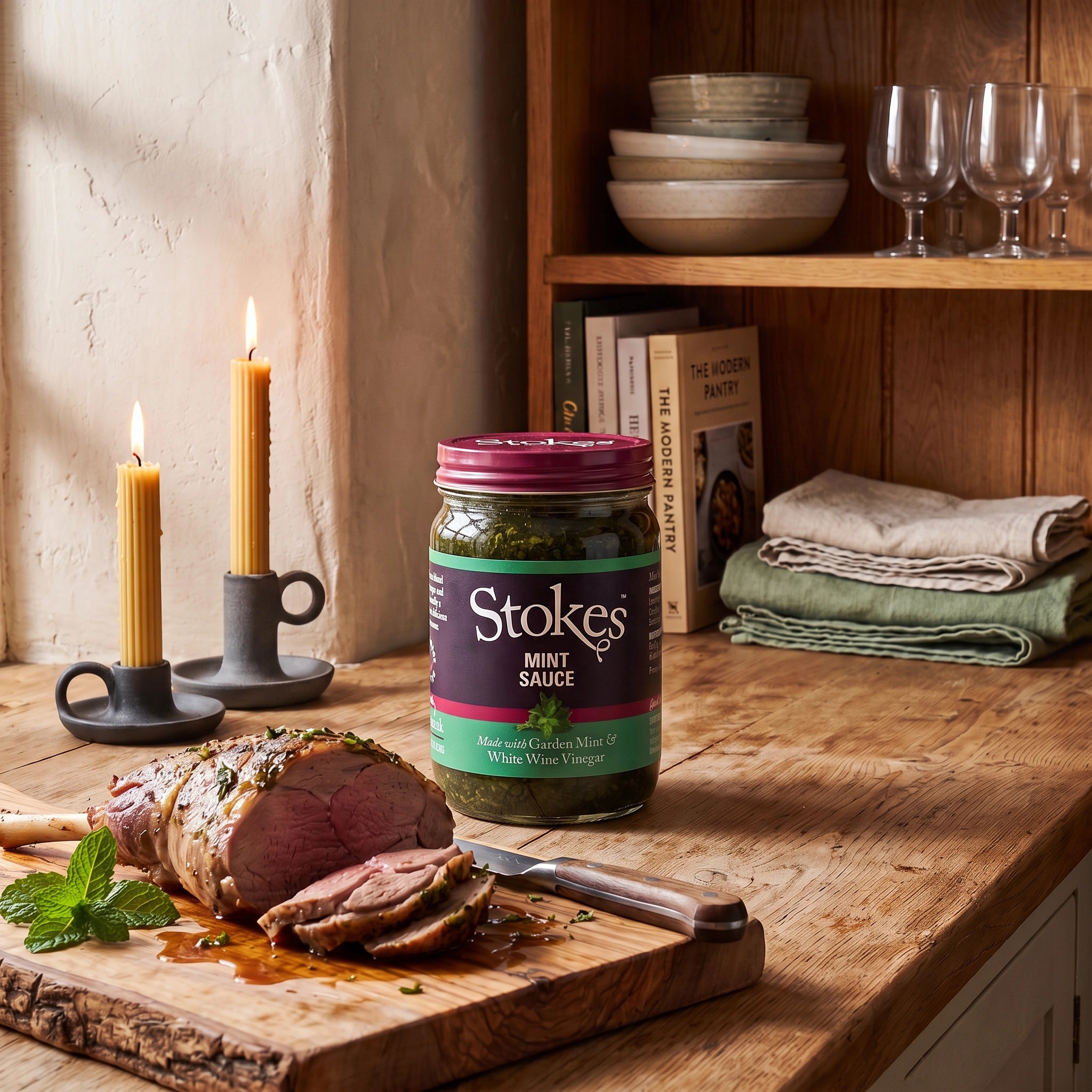 Stokes Mint Sauce jar in a rustic kitchen setting with sliced roast lamb
