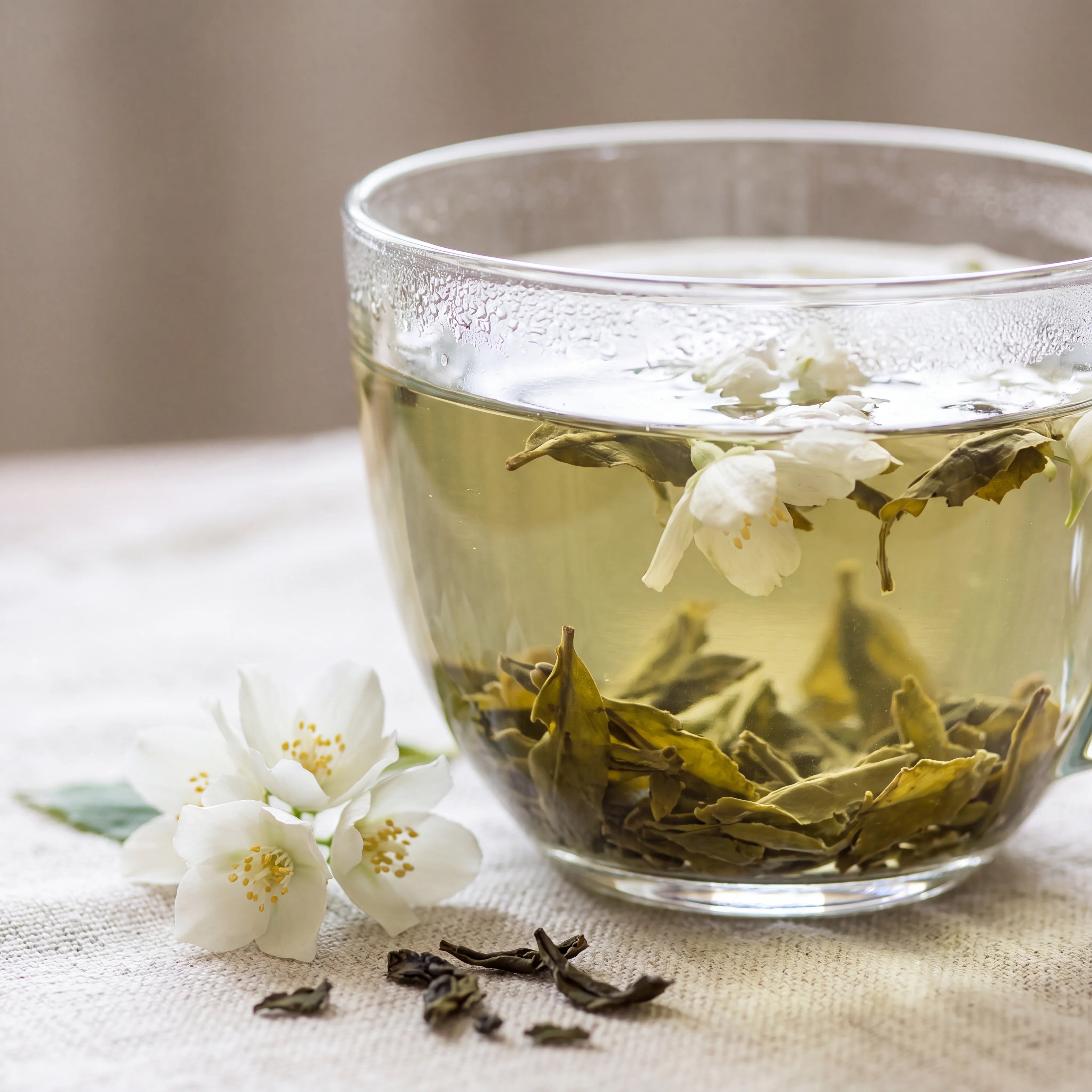 Cup of pale green jasmine tea with jasmine blossoms