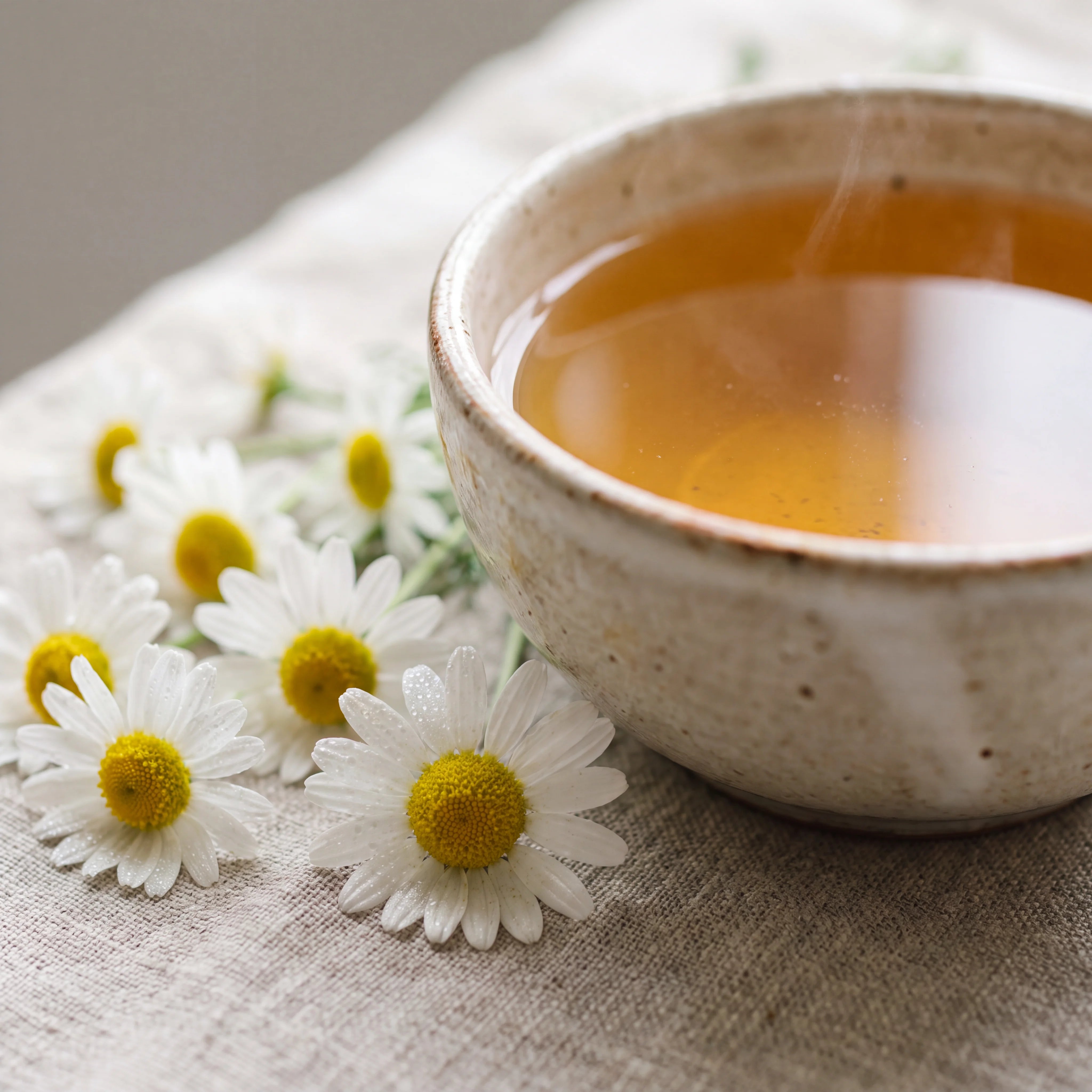 Cup of golden chamomile tea with chamomile flowers